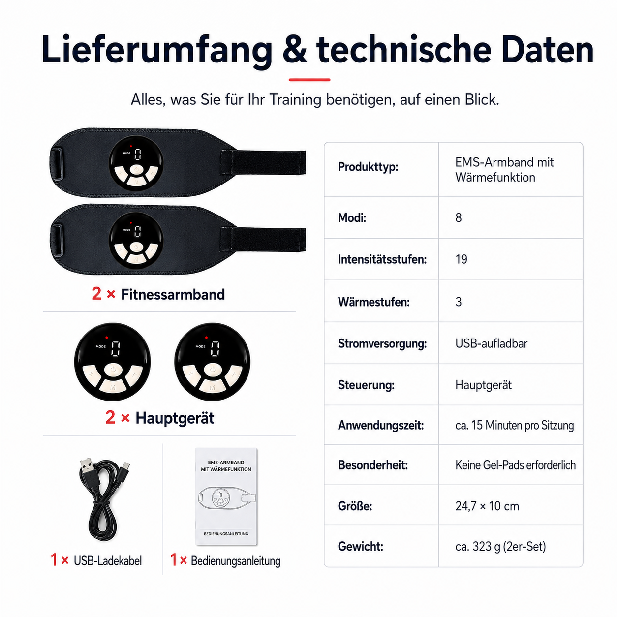 EMS-Armbänder mit Steuereinheiten, USB-Kabel und Anleitung. Daten aufgeführt.