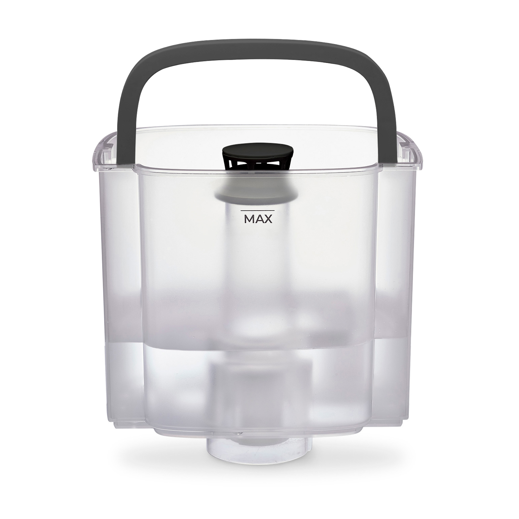 Doorzichtige watertank met grijze handgreep en zwarte dop. Waterniveau onder MAX.