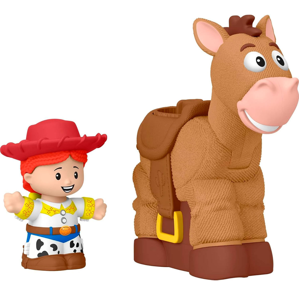 Un caballo de juguete y una niña de juguete con atuendos de vaquero, fondo blanco.