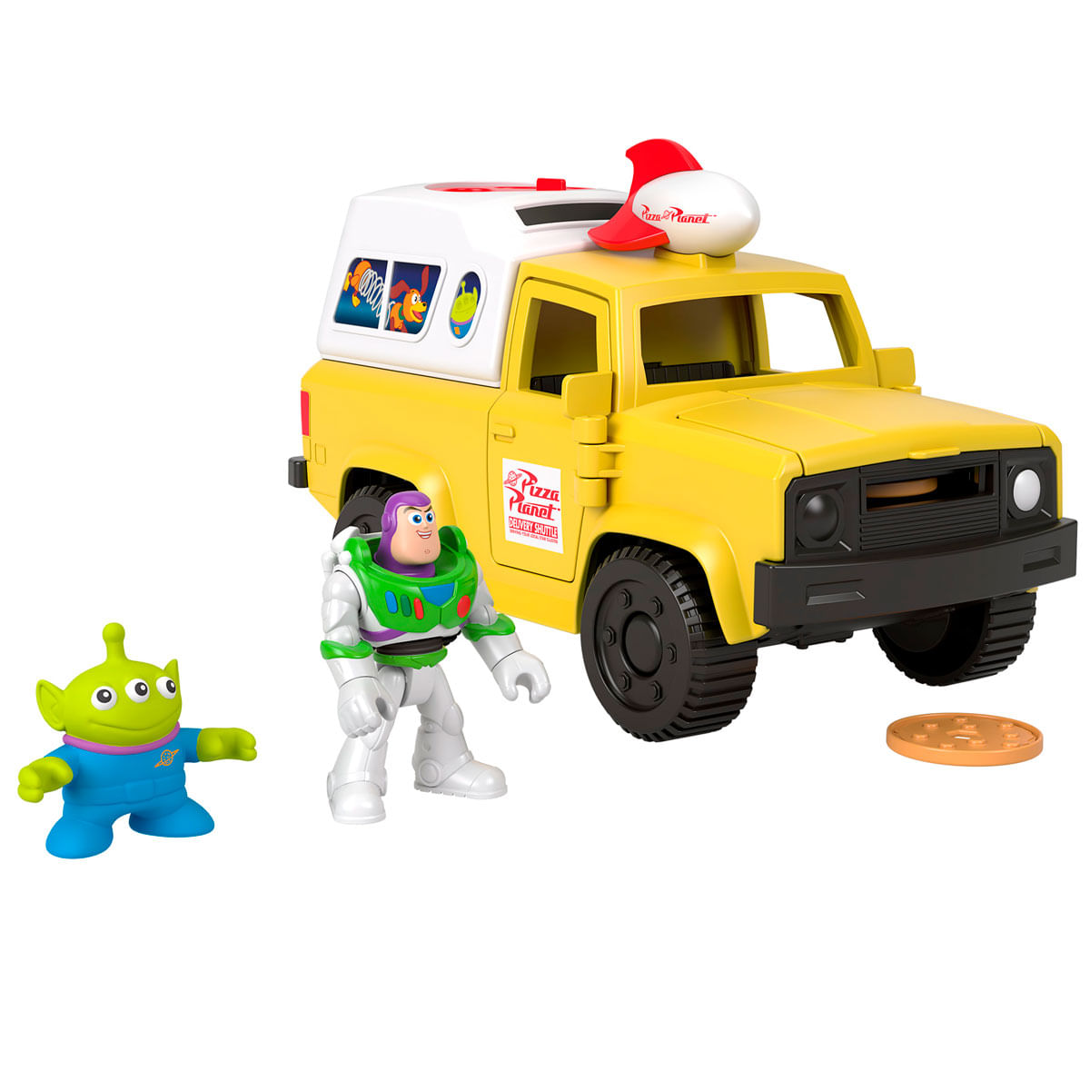 Buzz Lightyear, un alien y un camión amarillo de Pizza Planet con cohete.