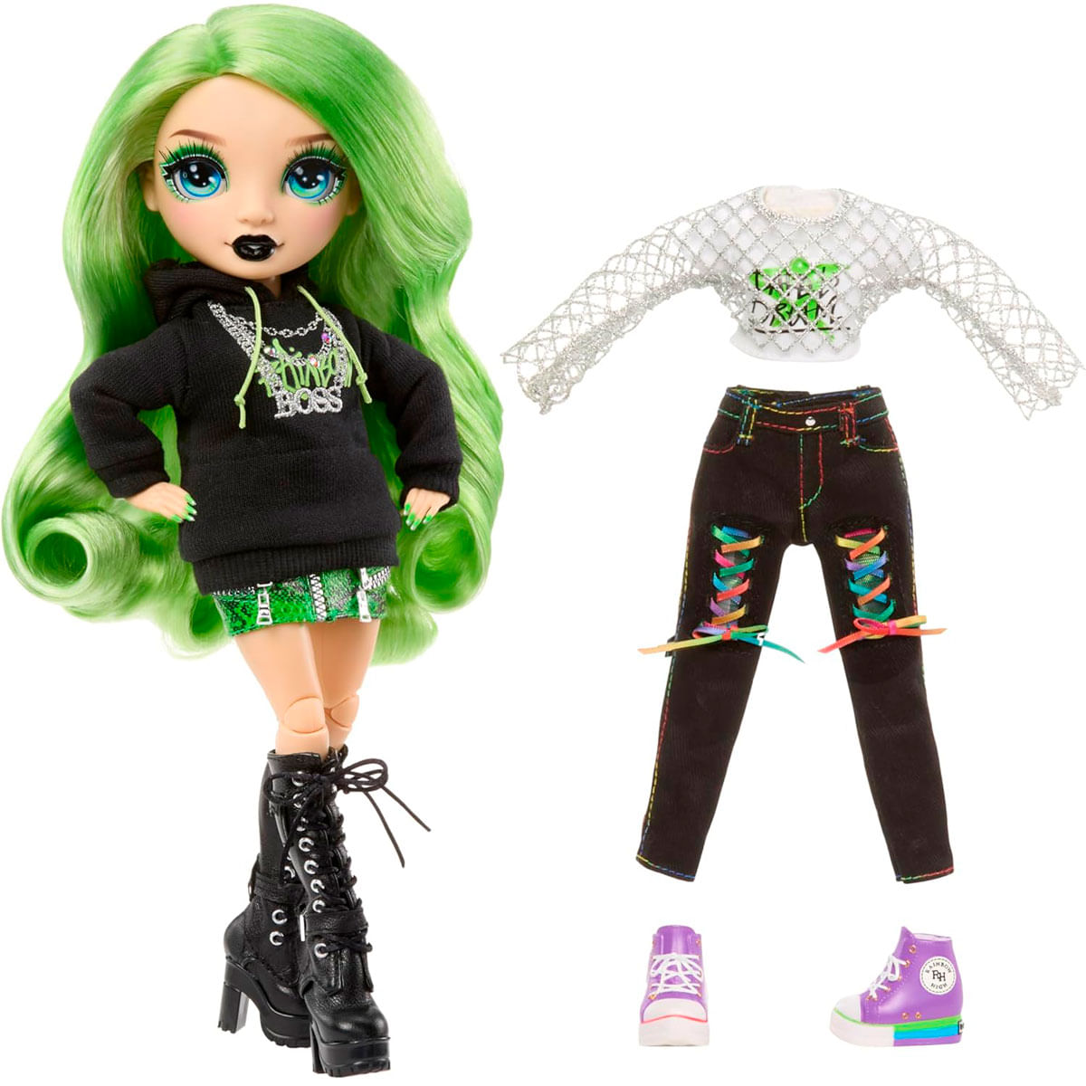 Muñeca pelo verde, sudadera negra, falda, botas. Ropa y zapatos expuestos.