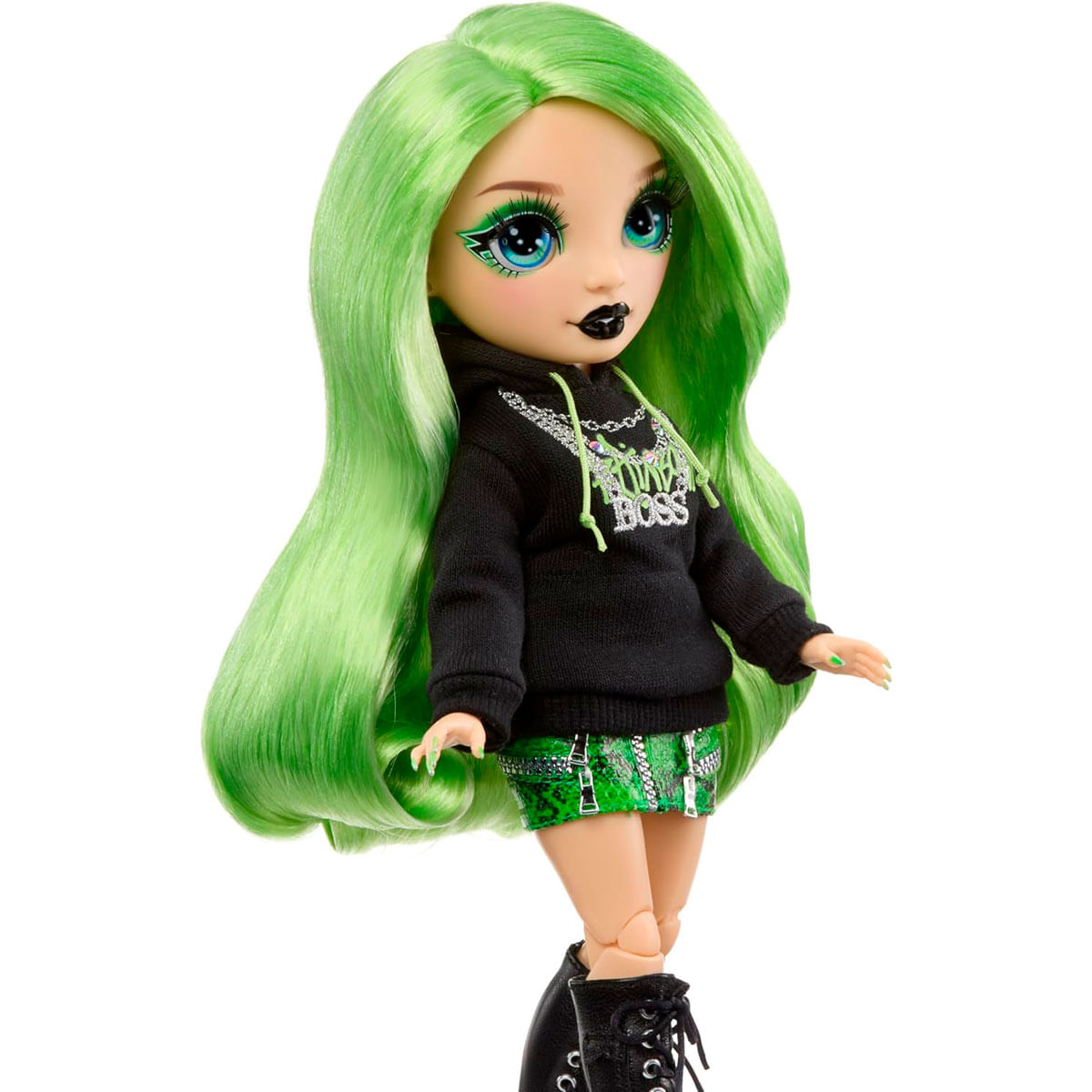Muñeca verde con pelo largo, sudadera negra y falda brillante.