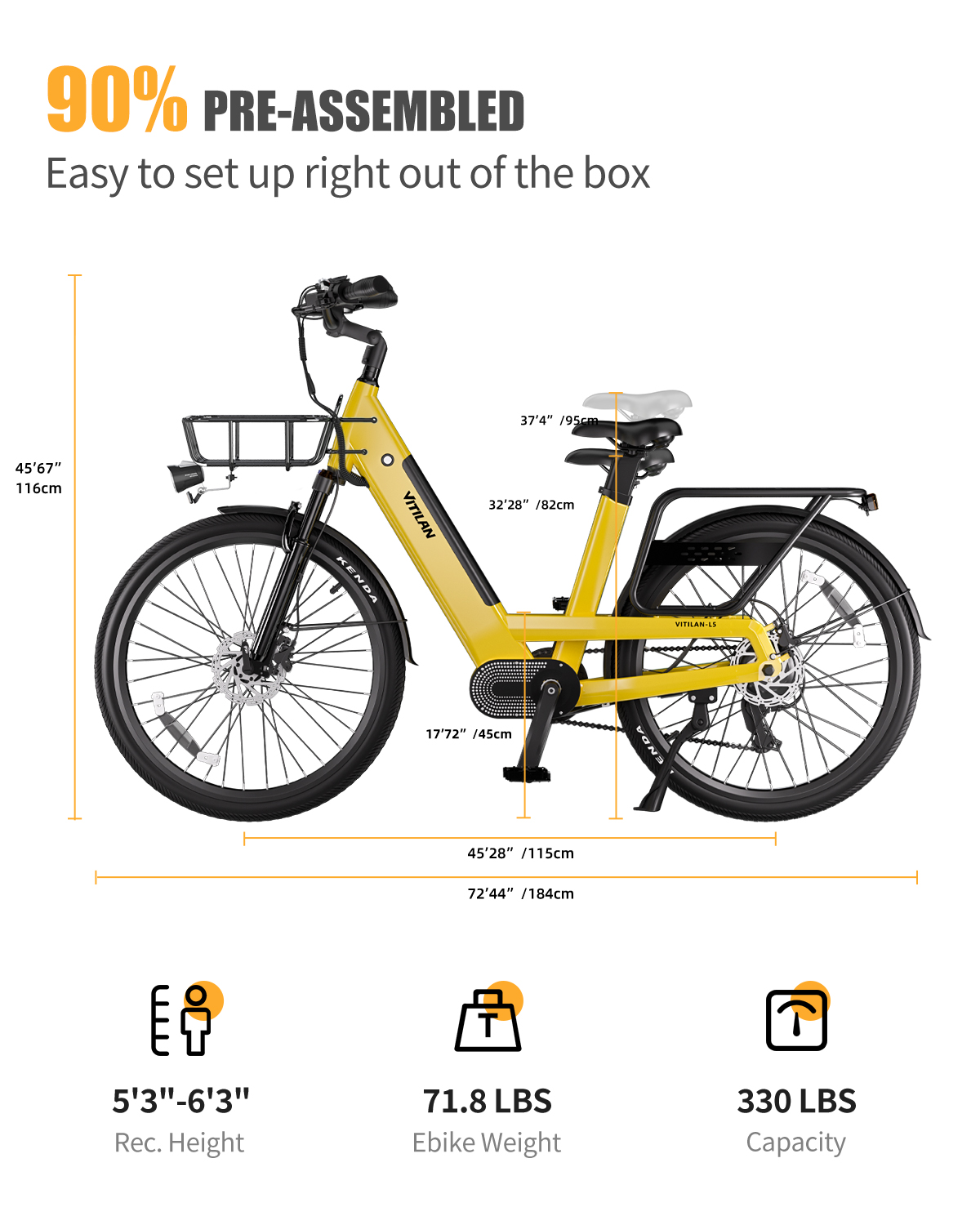 Una e-bike amarilla con cesta delantera y portaequipajes trasero, con dimensiones. 90% pre-ensamblada.