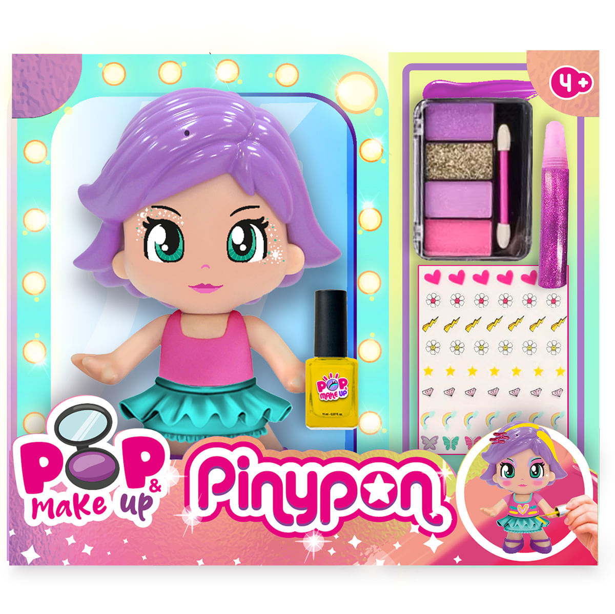 Set de juguetes con muñeca, paleta de maquillaje, esmalte de uñas y pegatinas.
