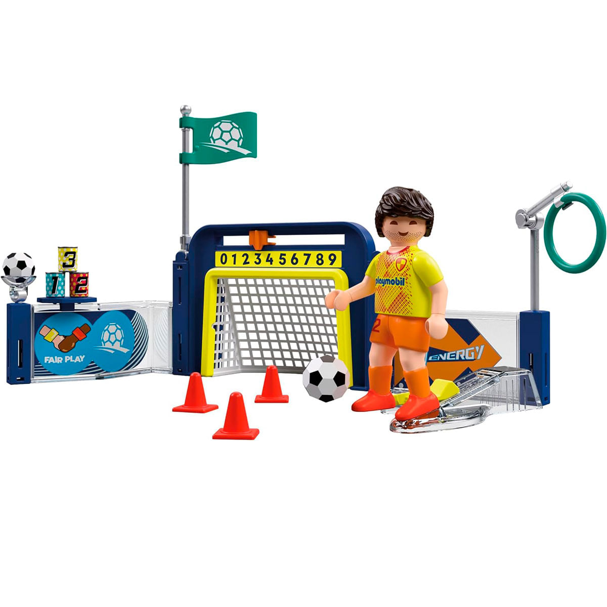 Set de fútbol Playmobil con figura, portería, balones y conos.
