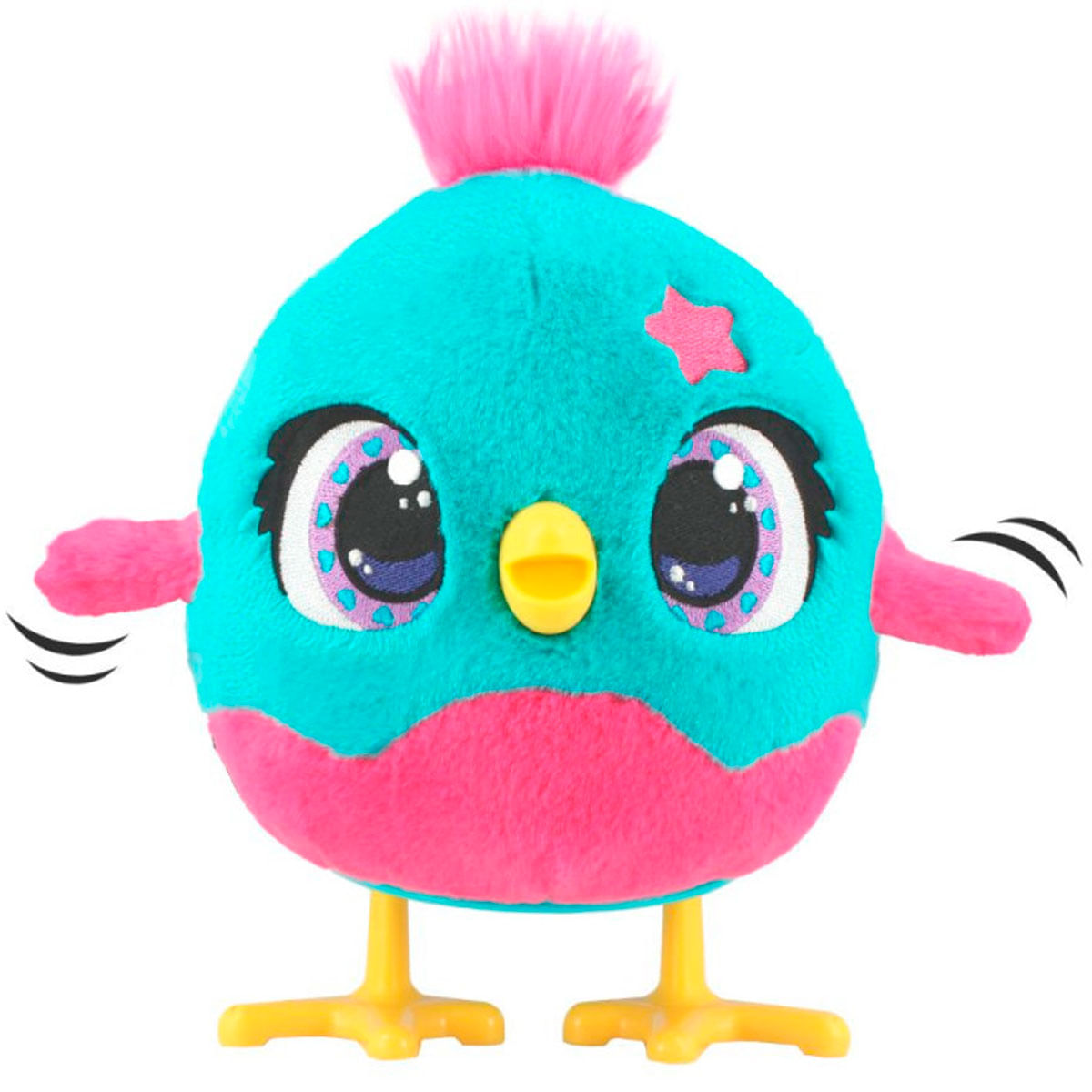 Un pájaro de peluche azul con acentos rosados y ojos grandes.
