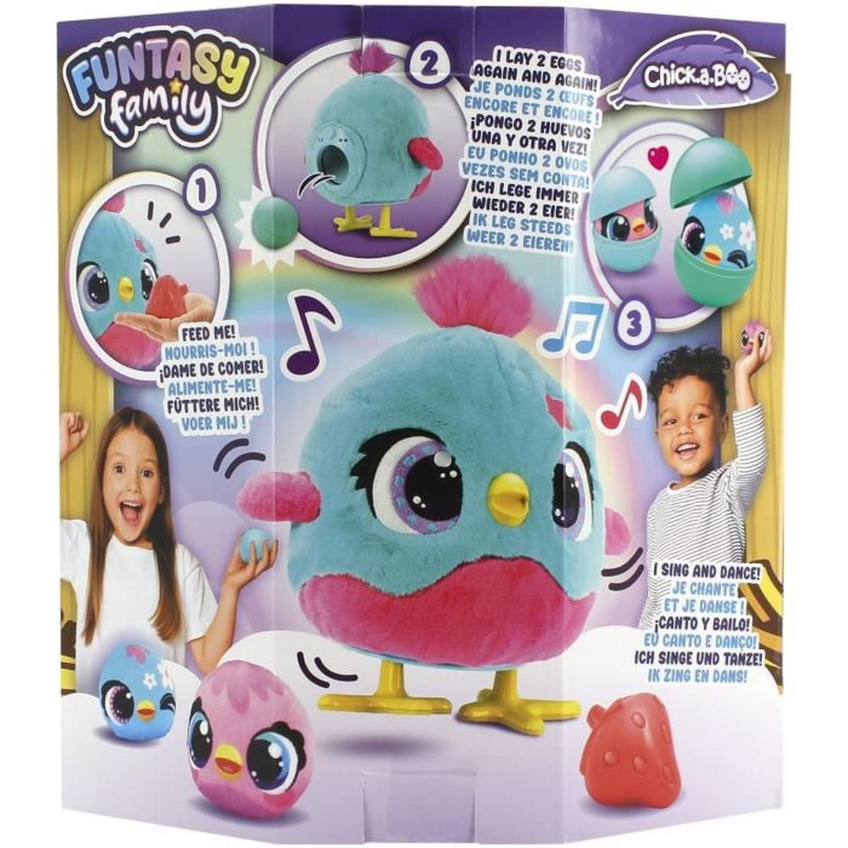 Embalaje de un pollito de juguete que pone huevos y canta. Los niños interactúan con él.