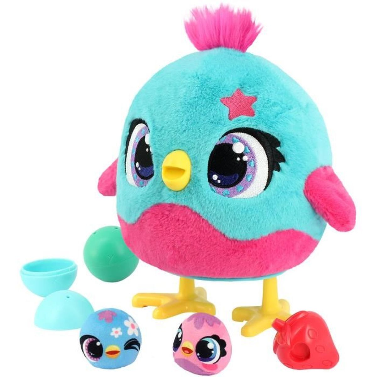 Un pájaro de peluche azul y rosa con ojos grandes y accesorios.