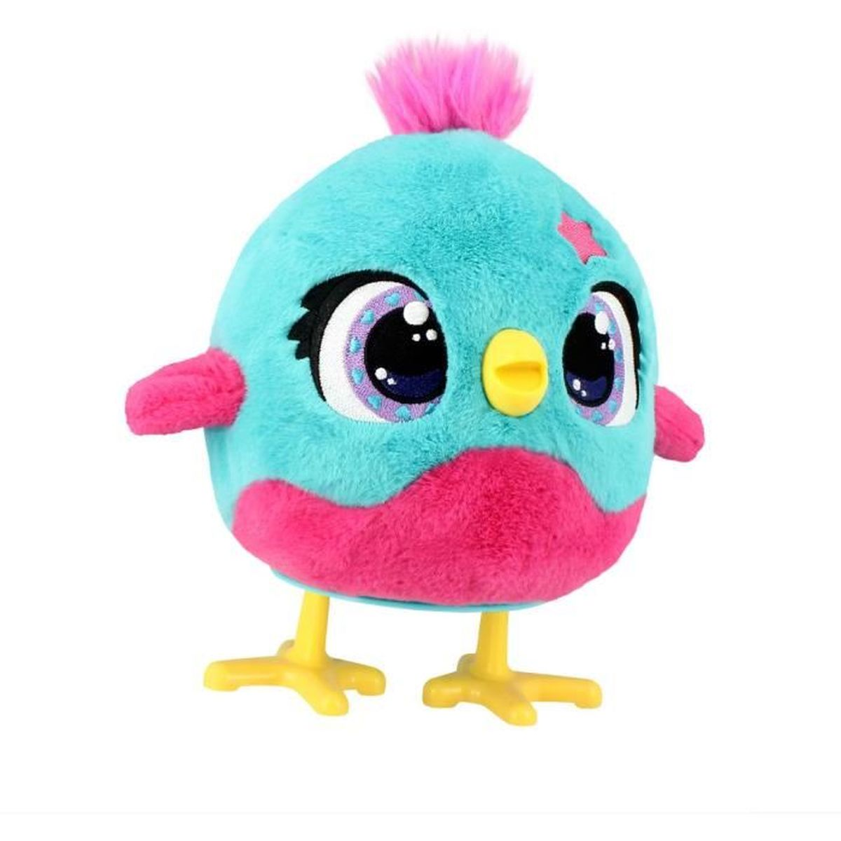 Un juguete de pájaro esponjoso, turquesa con acentos rosas y ojos grandes.