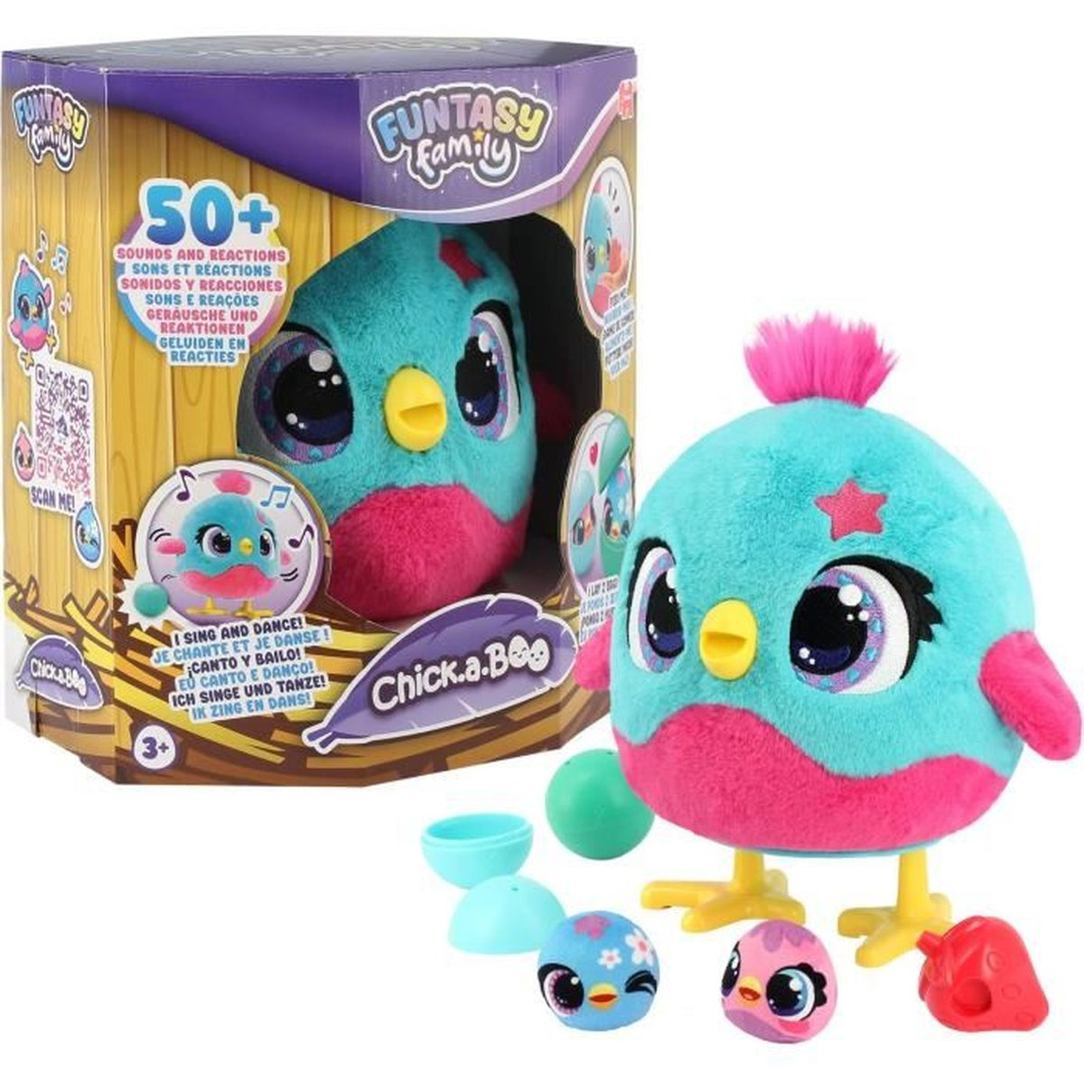 Un peluche de pollito azul y rosa junto a su empaque.