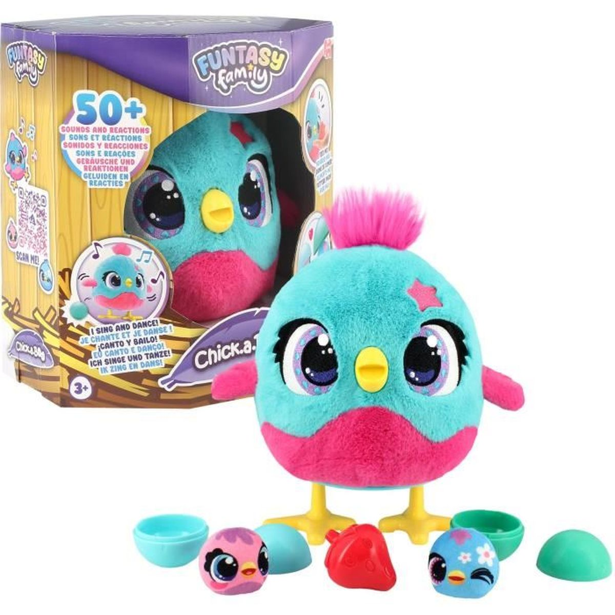 Un juguete de peluche de pájaro azul y rosa con ojos grandes y pompón rosa.