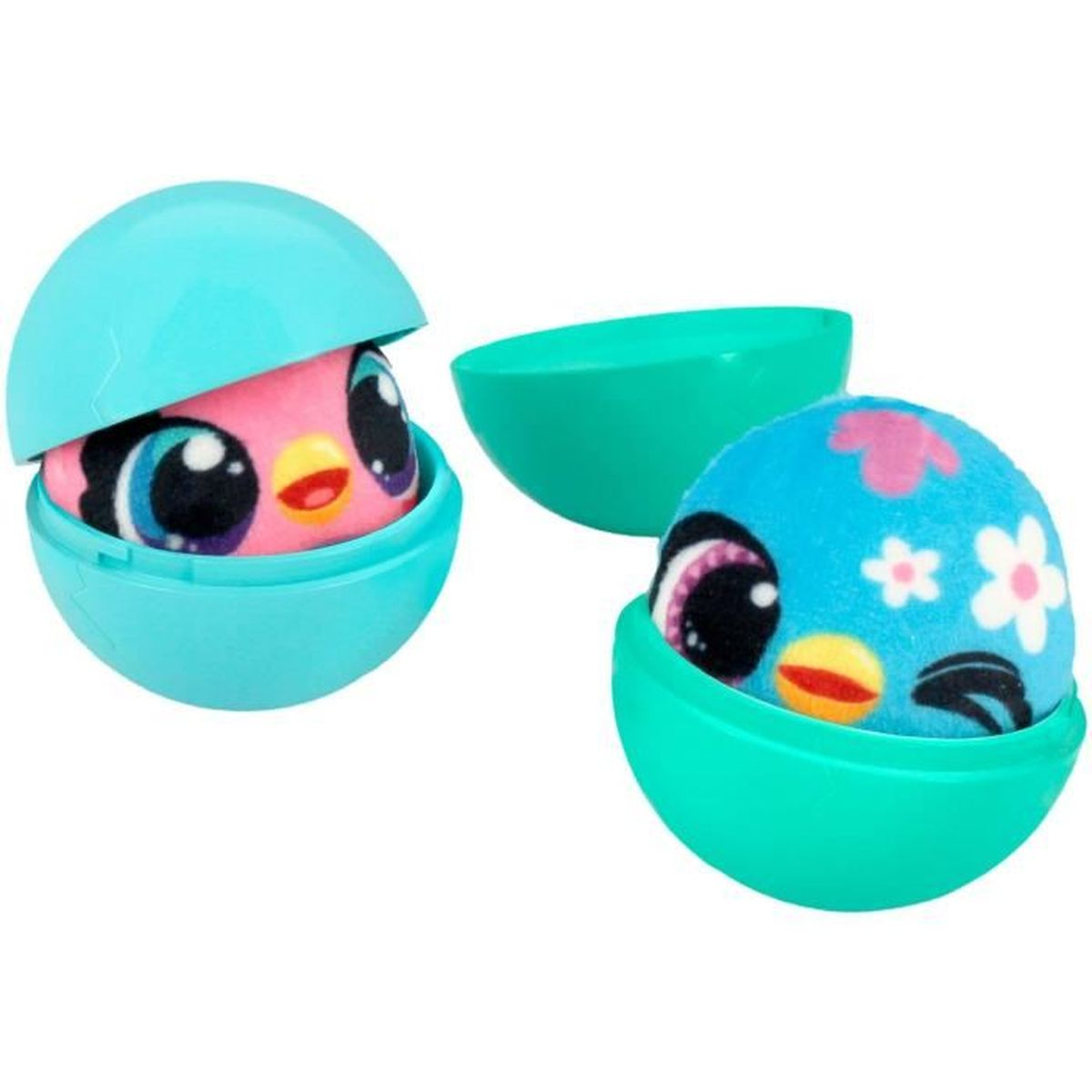 Dos juguetes de peluche en forma de huevo, uno rosa, uno azul con flores.