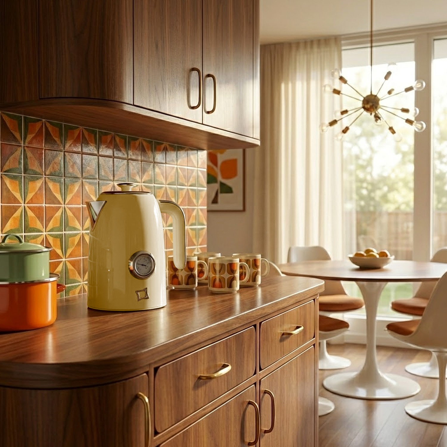 Una cucina retrò con bollitore giallo, pentole, tazze, mobili in legno e tavolo da pranzo.