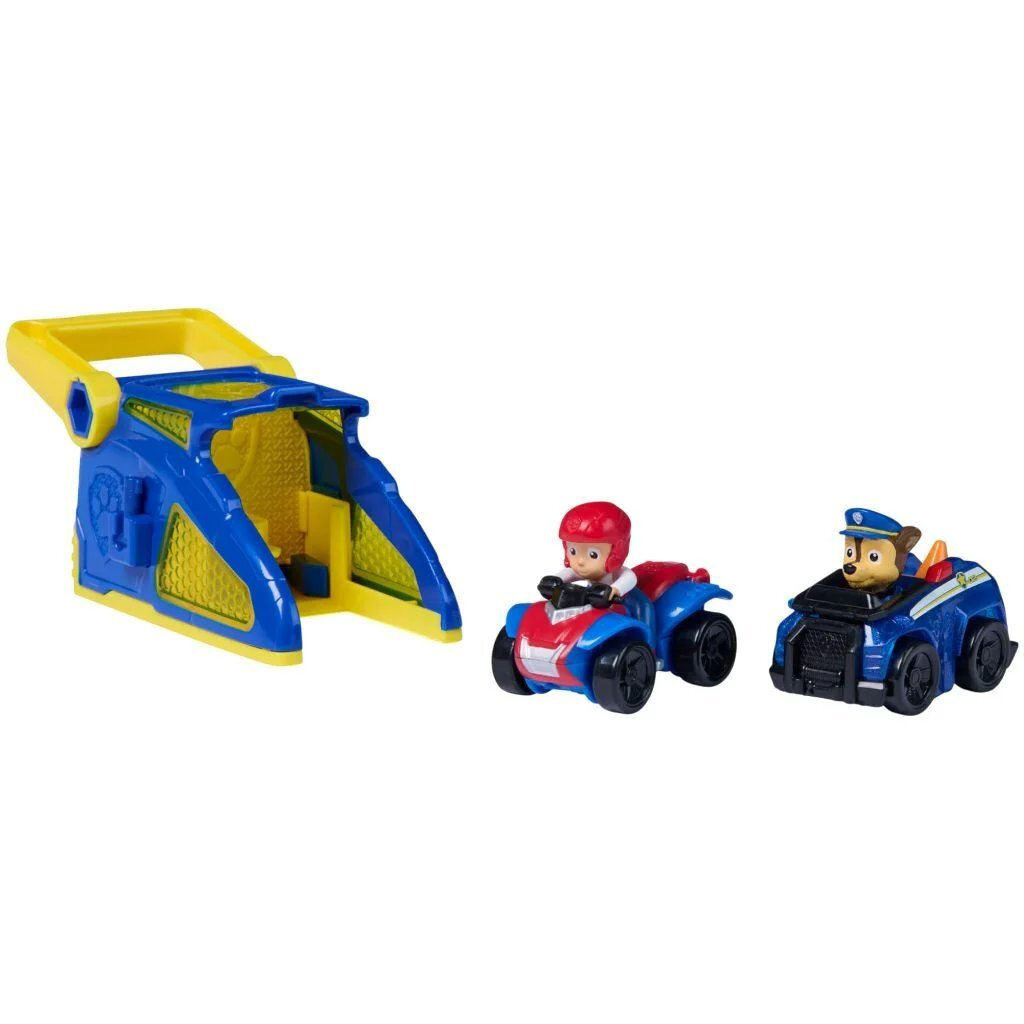 Garaje de juguete azul y amarillo con dos vehículos de juguete: un ATV con jinete y un coche de policía con perro.
