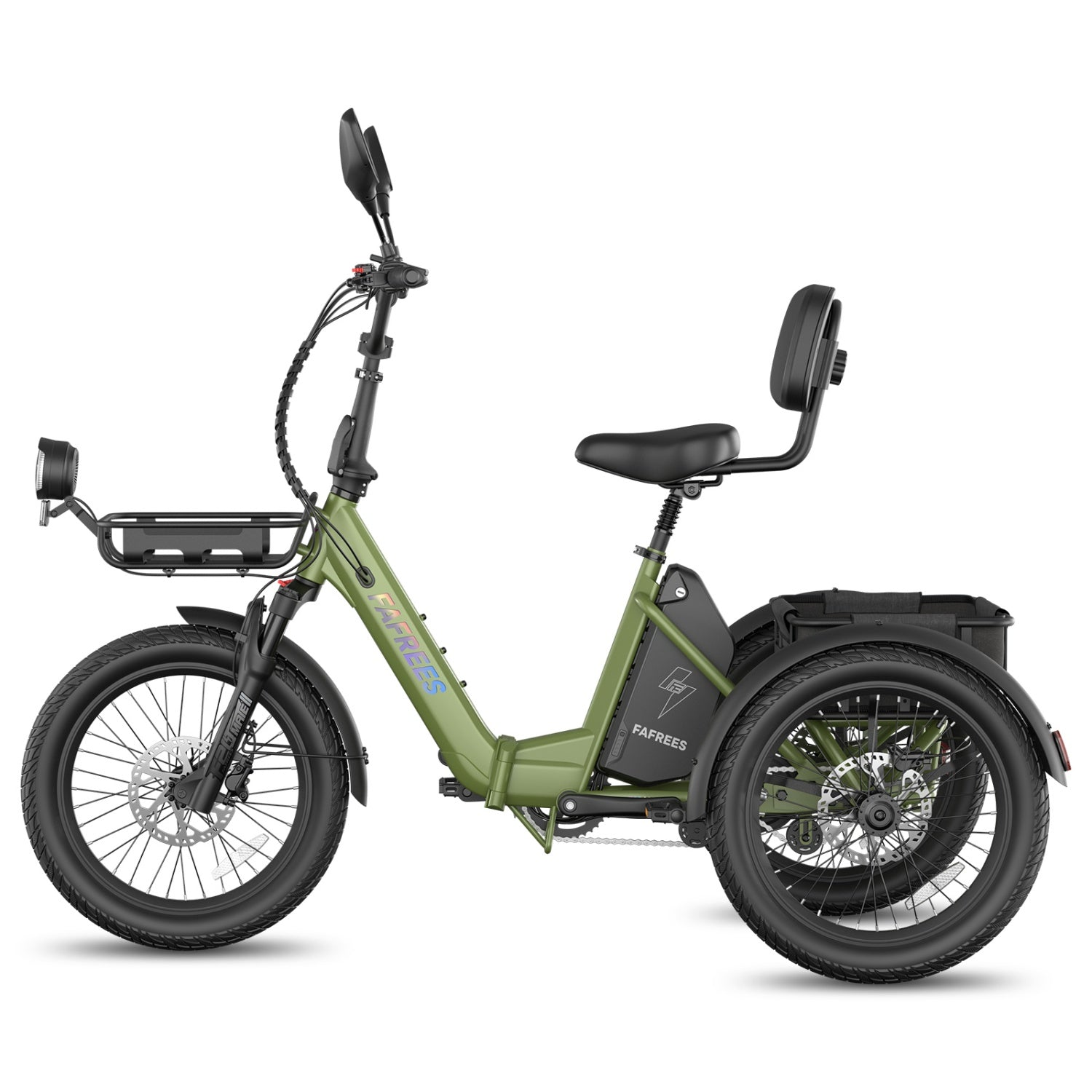 Ein grünes Dreirad-Elektrofahrrad mit Gepäckträger vorn und Korb hinten.