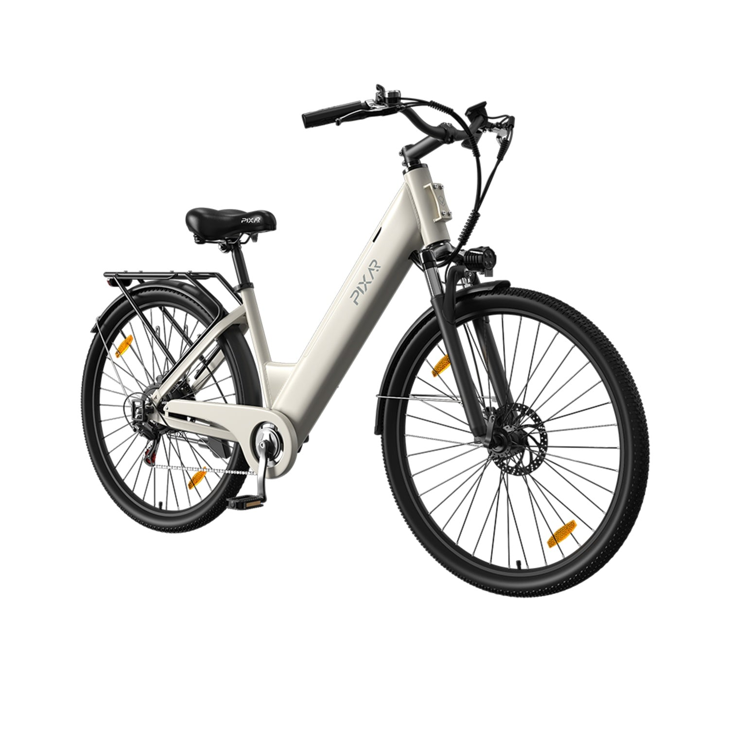 Ein cremefarbene Damen-E-Bike mit Gepäckträger, schwarzem Sattel und Reifen.