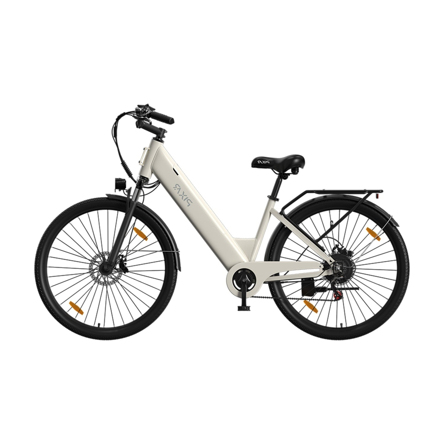 Ein cremefarbenes E-Bike mit schwarzen Reifen, Sitz und Gepäckträger.