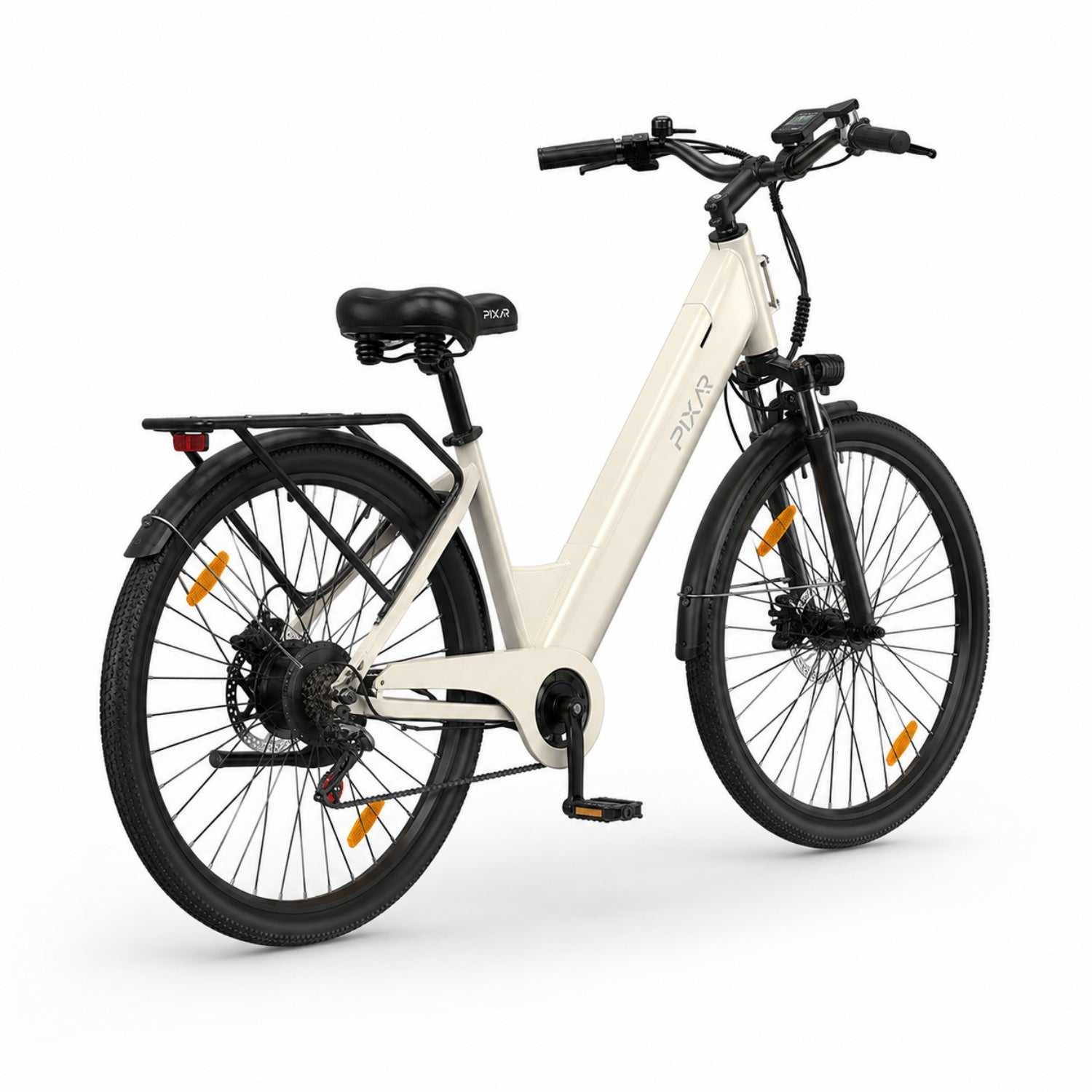 Ein cremefarbenes E-Bike mit schwarzem Sattel, Gepäckträger und Reifen.
