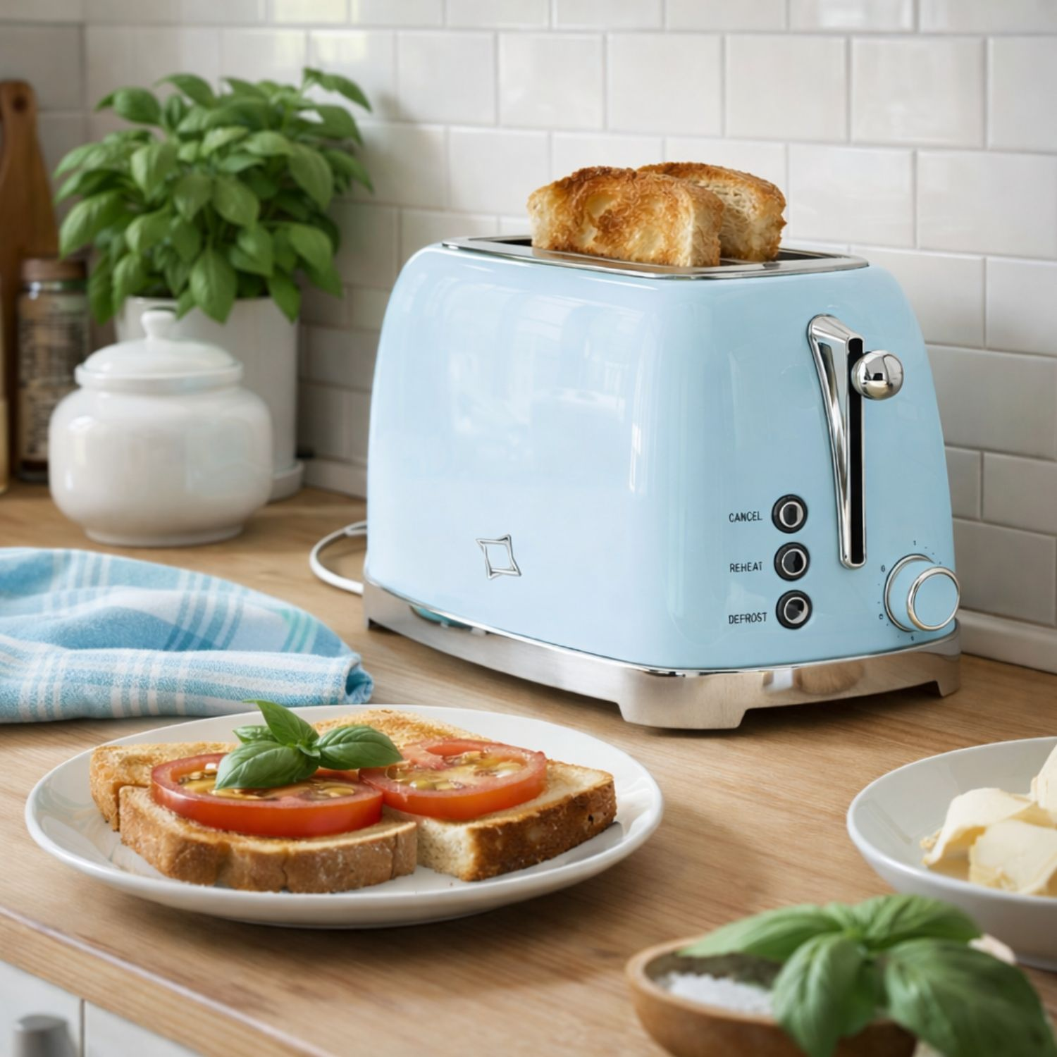 Un tostapane blu con toast e pane al pomodoro su un bancone di legno.
