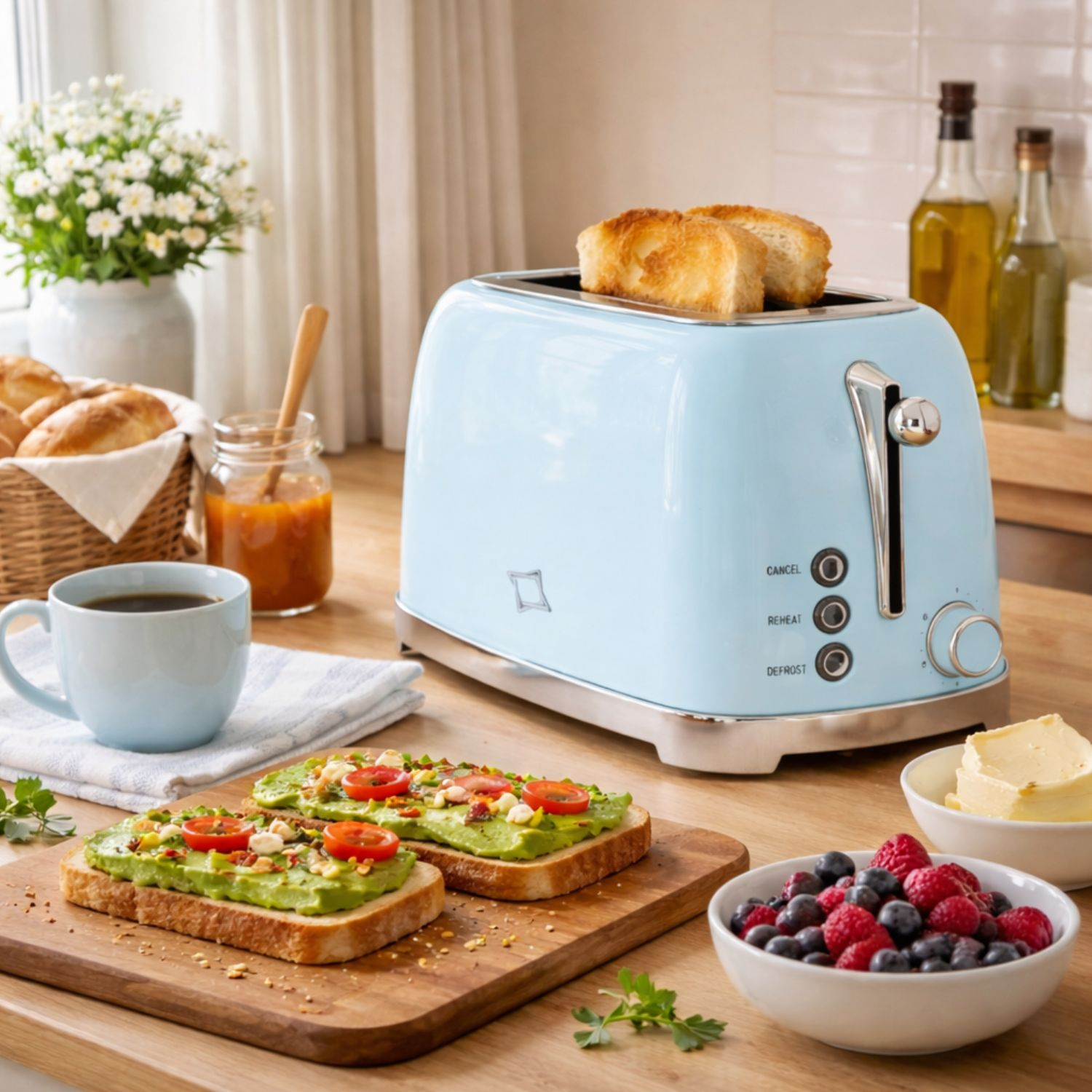 Un tostapane blu con toast, toast all'avocado, bacche, caffè e burro.