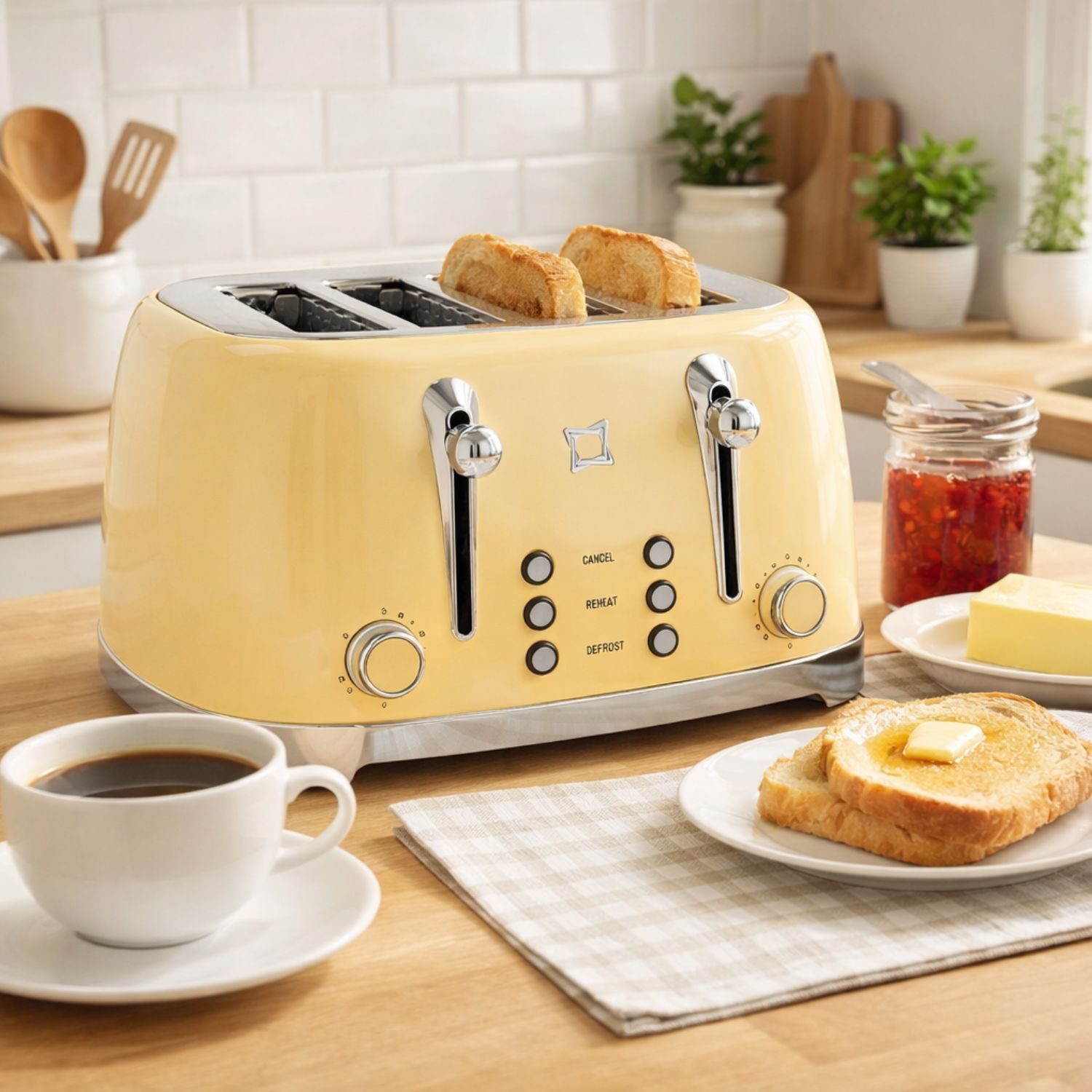 Tostapane giallo con toast, caffè, burro e marmellata su tavolo in legno.
