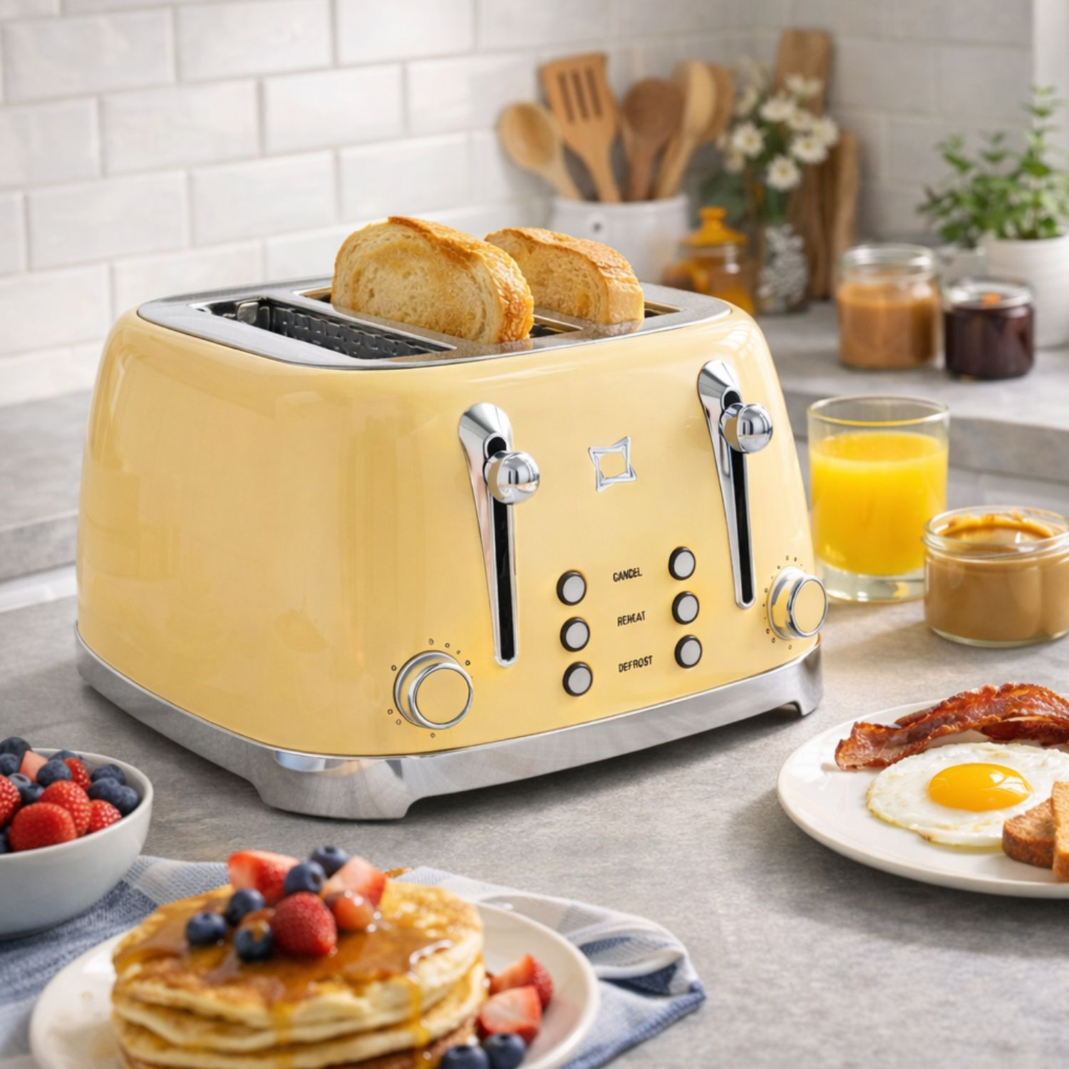 Tostapane giallo retrò con pane, colazione: pancake, frutti di bosco, uovo fritto, pancetta.