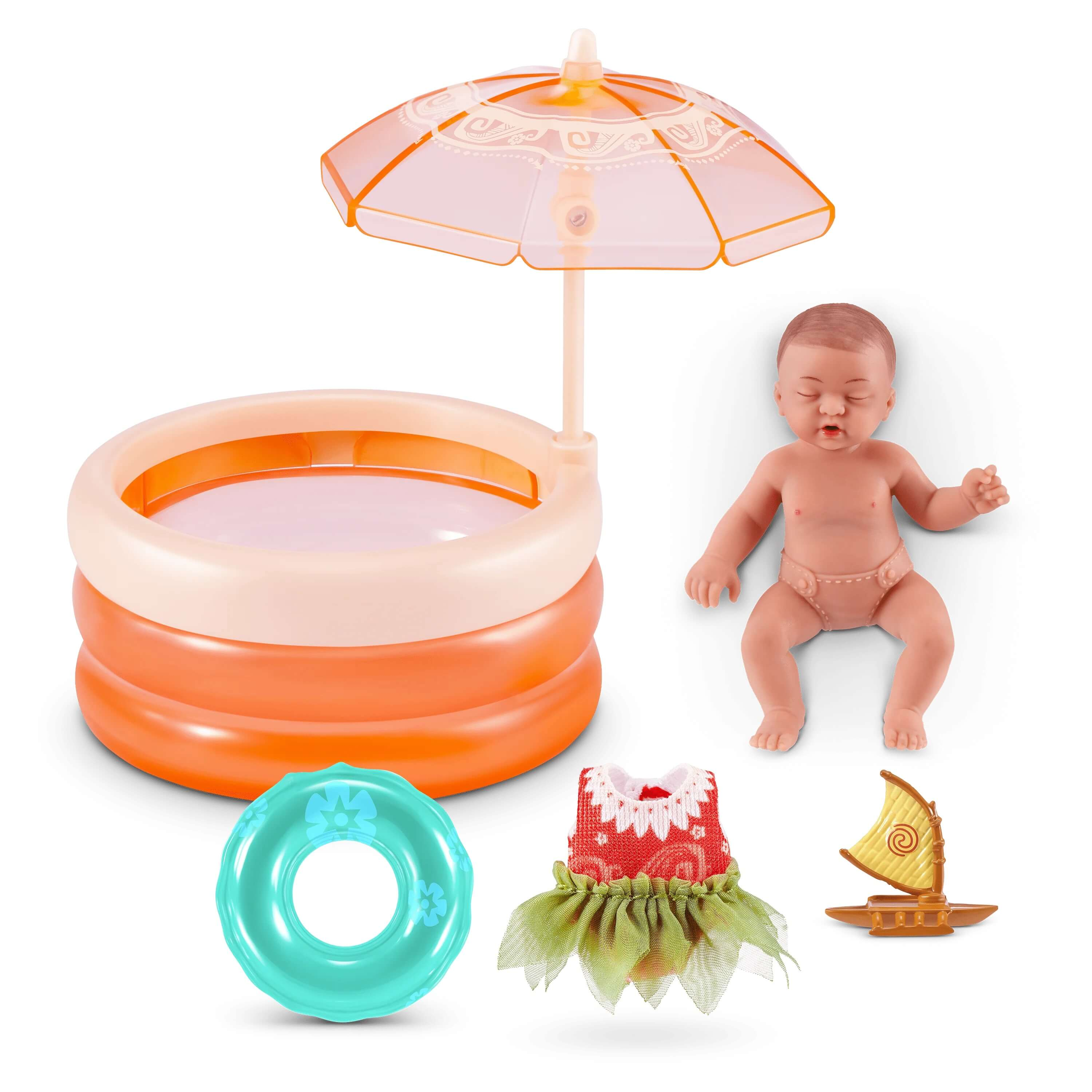 Muñeca bebé con piscina inflable, flotador, vestido, bote y sombrilla.