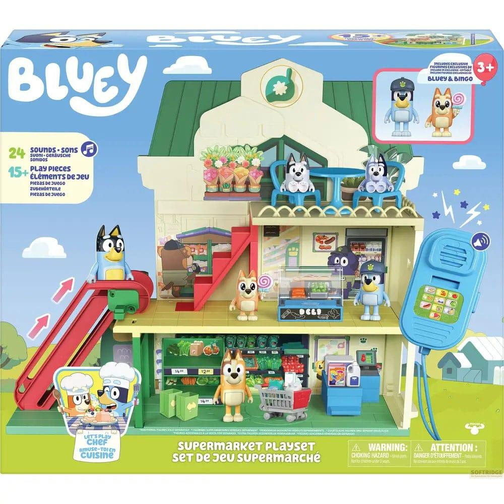 Playset de supermercado Bluey con figuras y accesorios, 24 sonidos, más de 15 piezas.