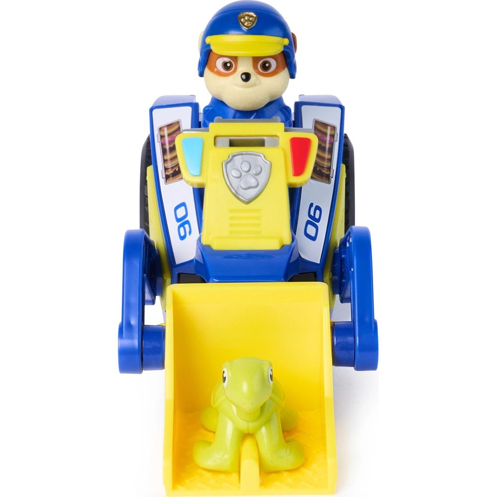 Un camión de juguete azul y amarillo con un personaje de perro y una tortuga verde en la pala.