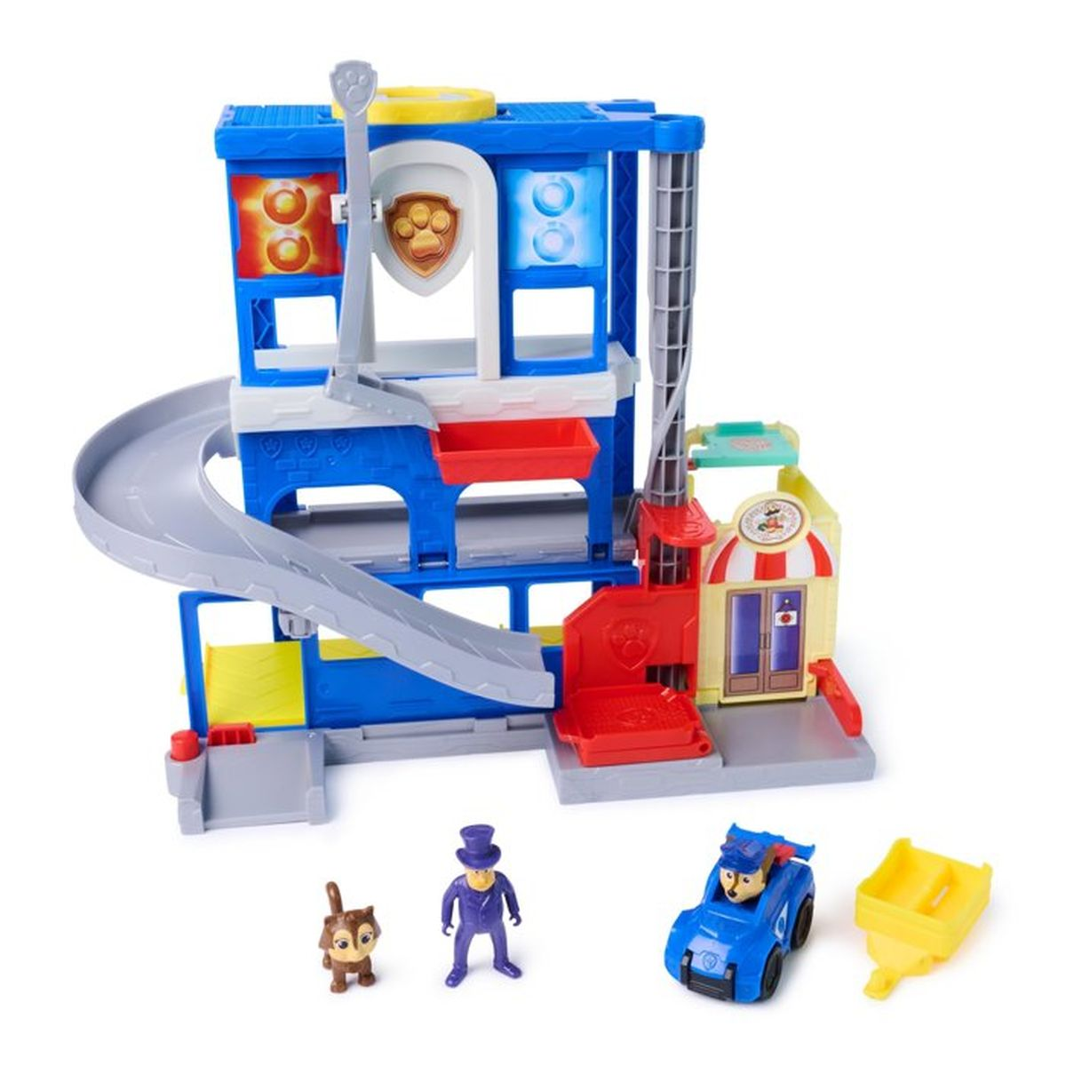 Torre de juguete Paw Patrol con tobogán, vehículo, figuras y remolque.