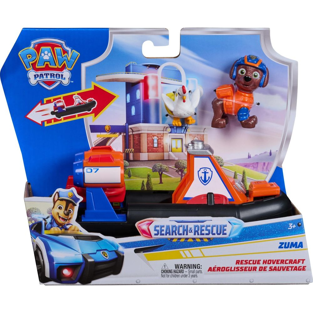 Aerodeslizador de rescate Paw Patrol con figuras y torre de juego en caja.