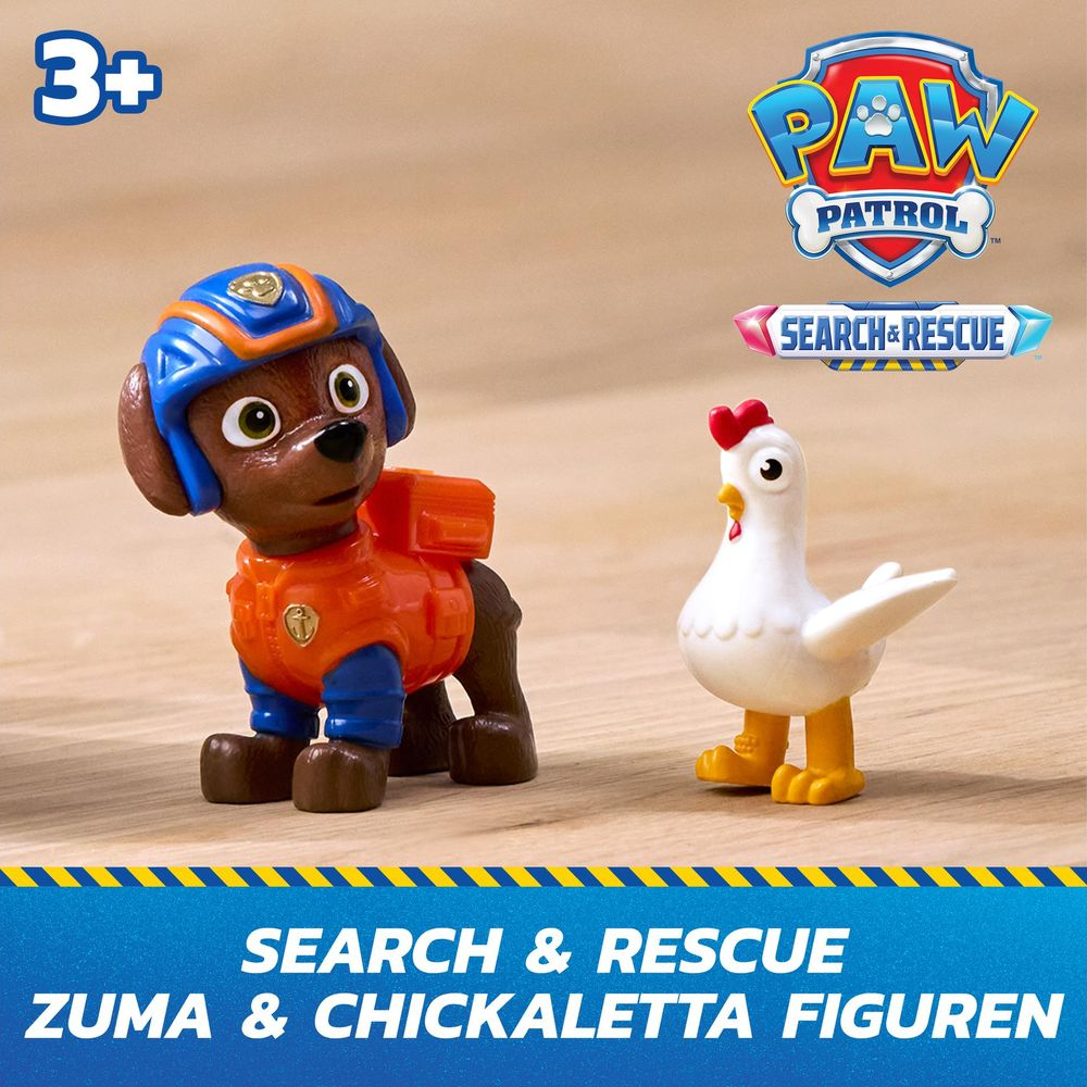Dos figuras de juguete de Paw Patrol: Zuma, un perro marrón, y Chickaletta, una gallina blanca.