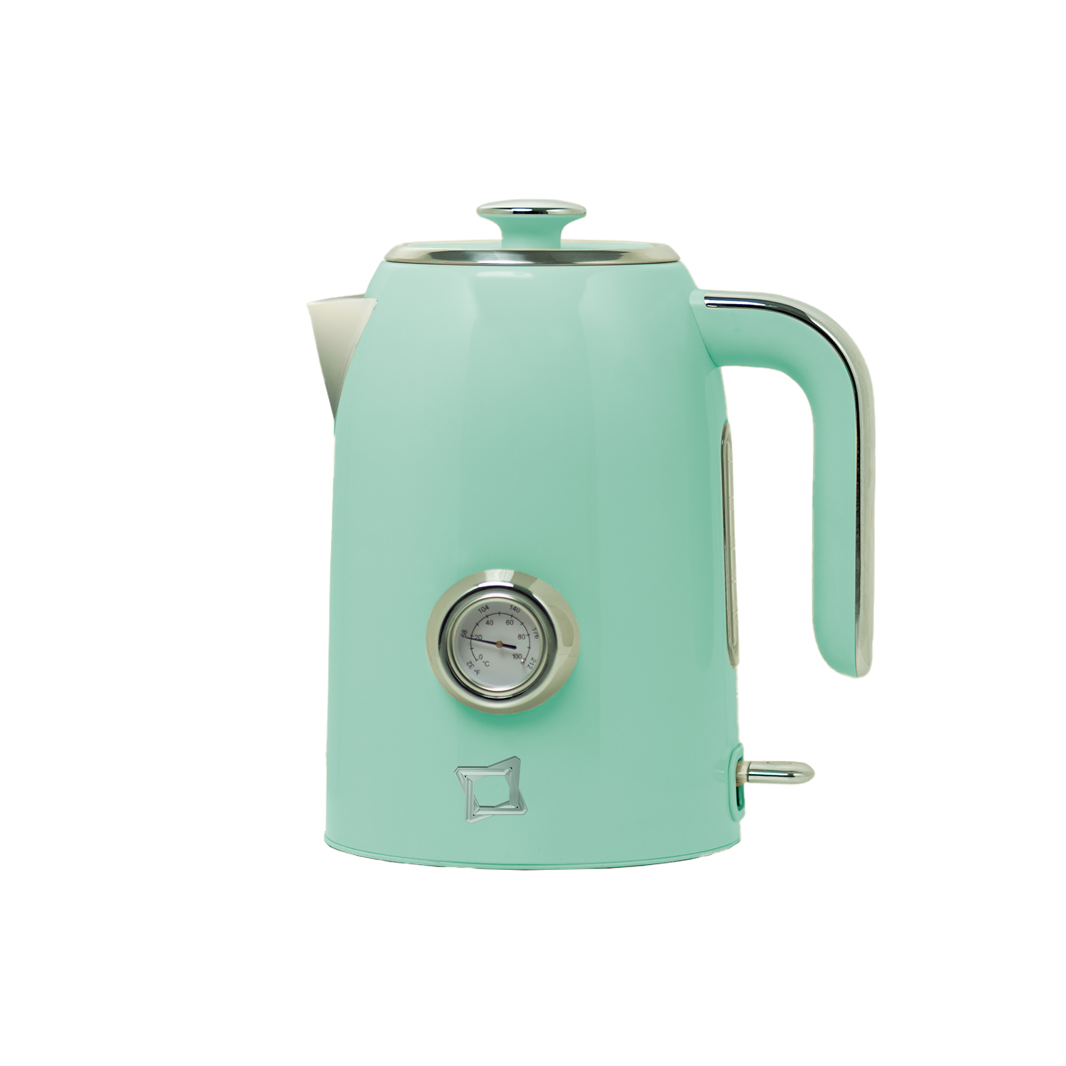 Un bollitore elettrico verde menta con manico e coperchio argentati, con termometro.