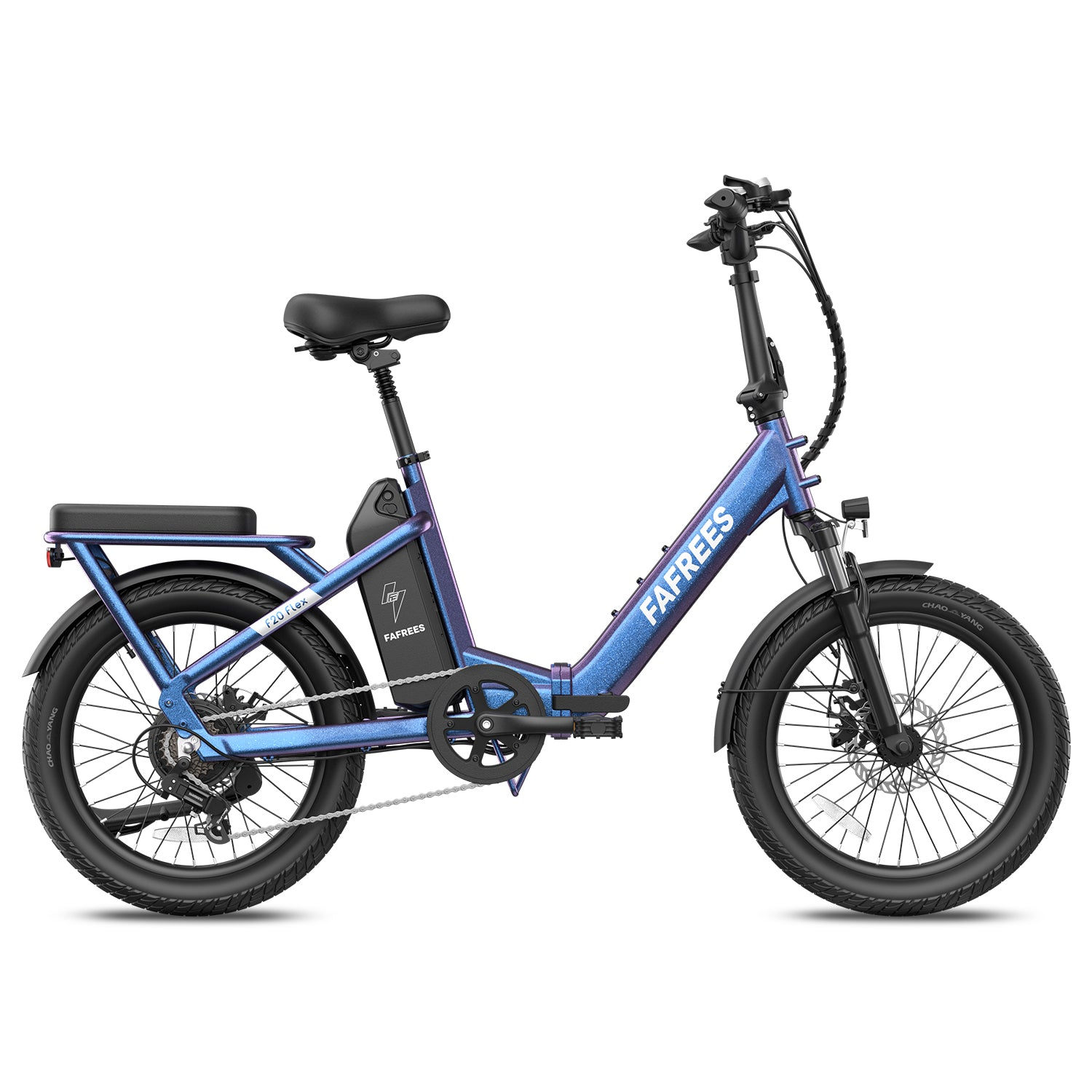 Ein blaues, faltbares Elektrofahrrad mit schwarzem Sattel und Gepäckträger.