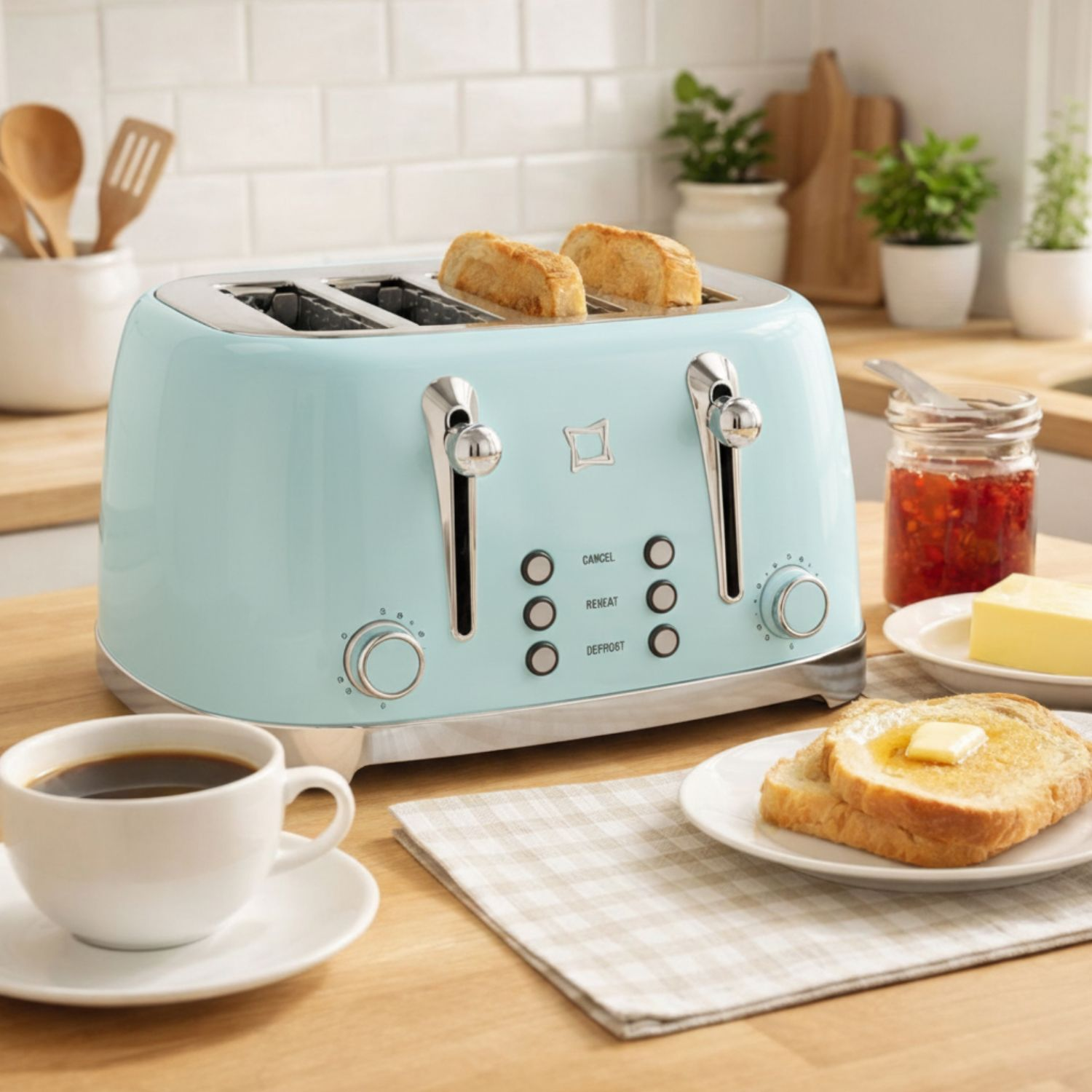 Un tostapane blu con toast, caffè, burro e marmellata su un tavolo di legno.