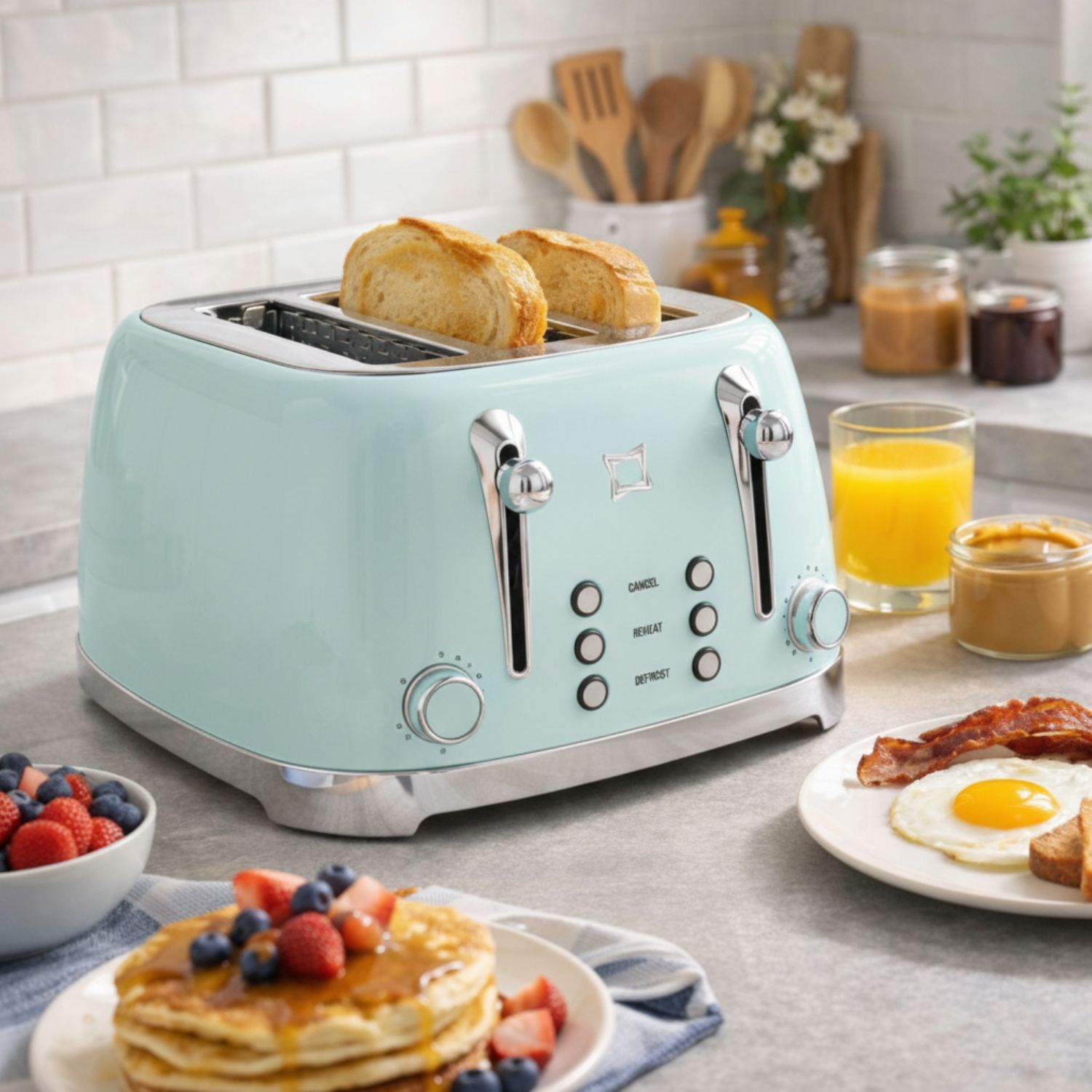 Un tostapane blu retrò ha due fette di pane, con una colazione a base di uova, pancetta e pancake.