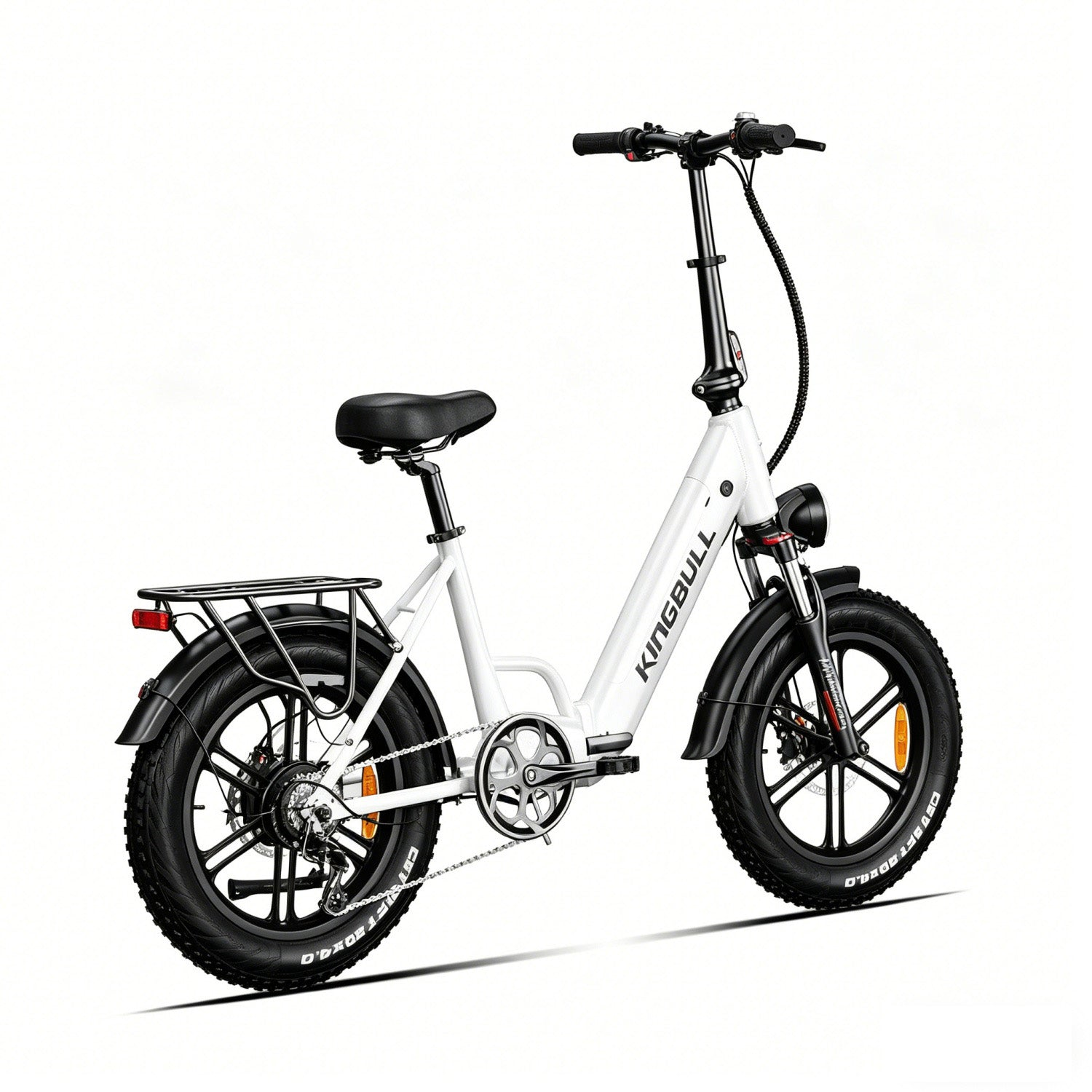 Ein weißes faltbares E-Bike mit dicken Reifen und Gepäckträger.
