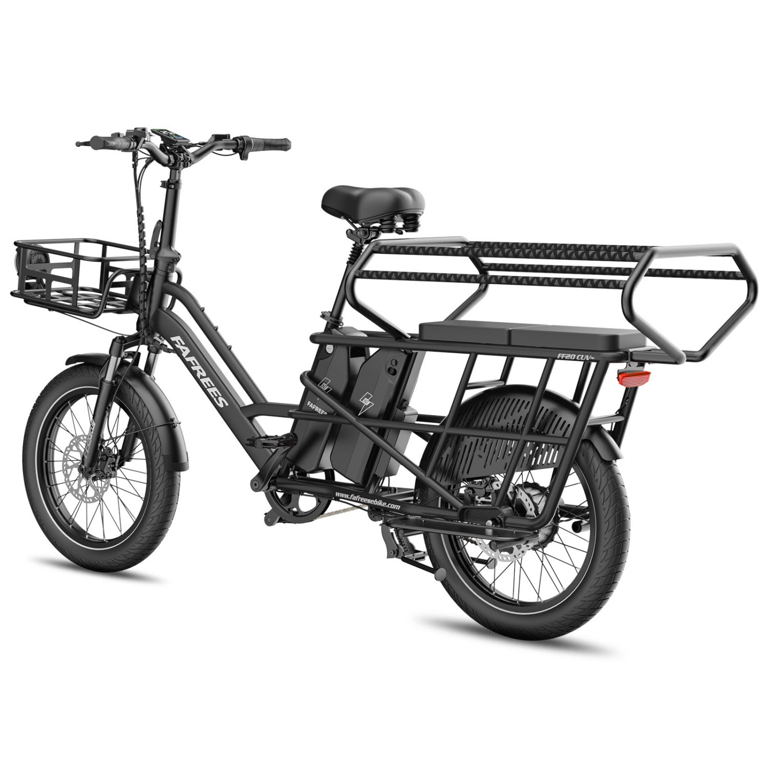 Schwarzes Lastenrad mit Korb vorne, Gepäckträger hinten und Akku.