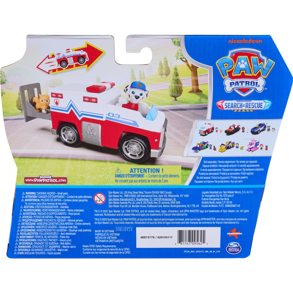 Vehículo de rescate de juguete Paw Patrol con Marshall y un perro en remolque.