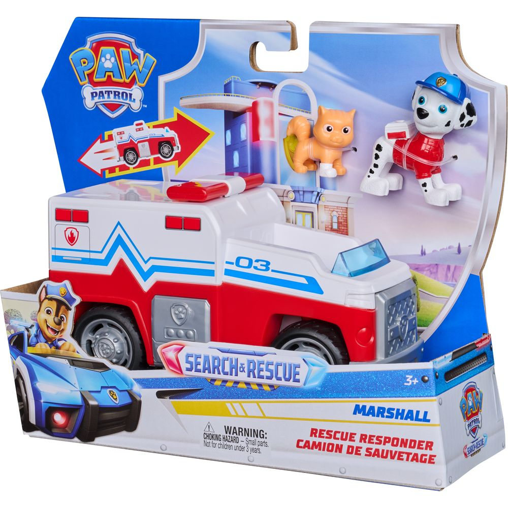 Vehículo de rescate Paw Patrol con Marshall, gato y coche de policía.