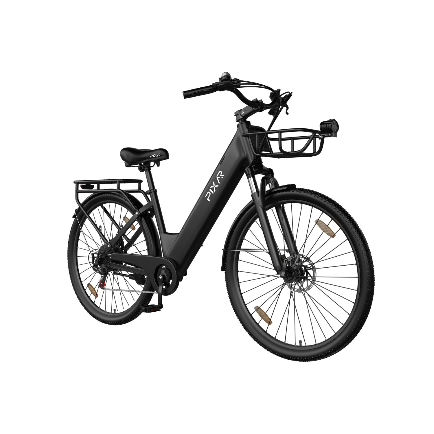 Schwarzes E-Bike mit Gepäckträger vorne und hinten, weißer Hintergrund.