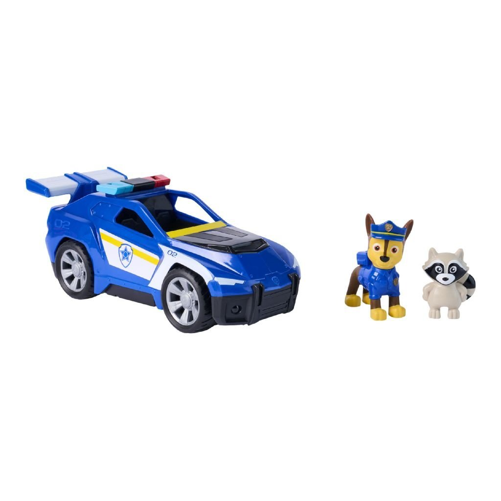 Un coche de policía de juguete azul con luces rojas y azules junto a un perro policía de juguete y un mapache.