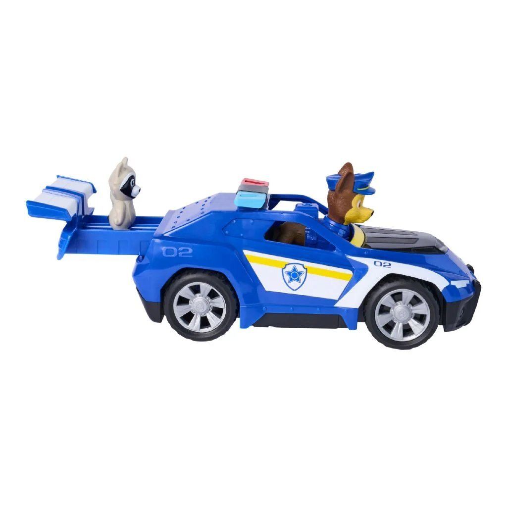 Un coche de policía de juguete azul con Chase y un mapache.