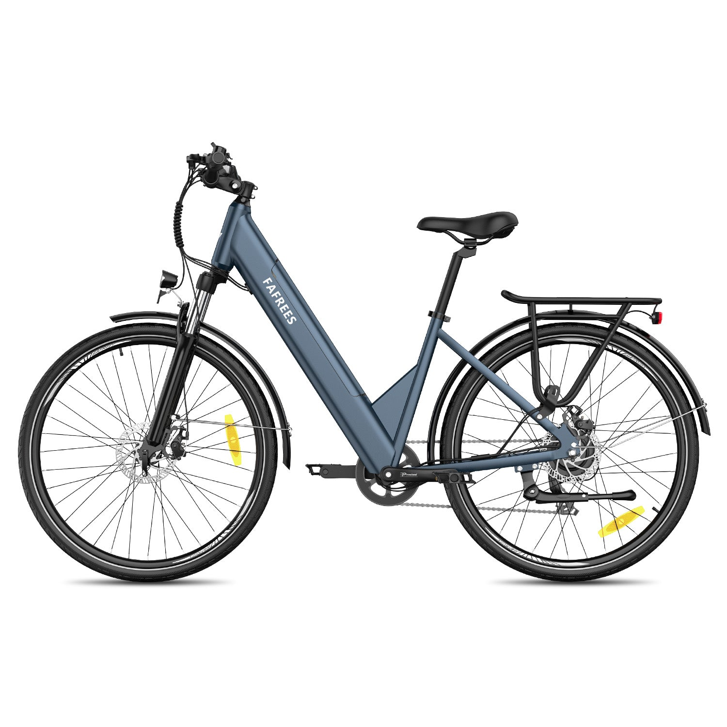 Ein blaues FAREES Elektrofahrrad mit Gepäckträger und Frontscheinwerfer wird gezeigt.
