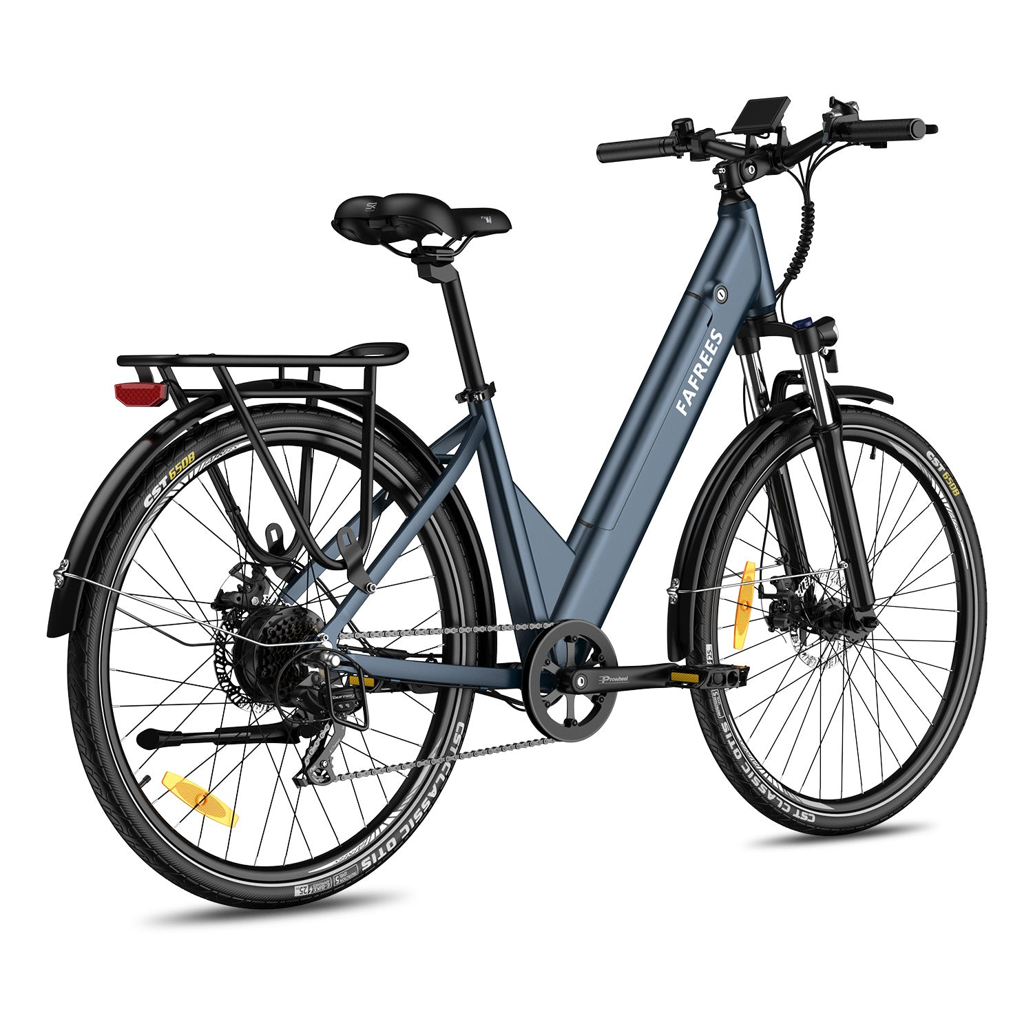 Ein mattblauer Fafrees E-Bike mit Gepäckträger, Scheinwerfer und Rücklicht.