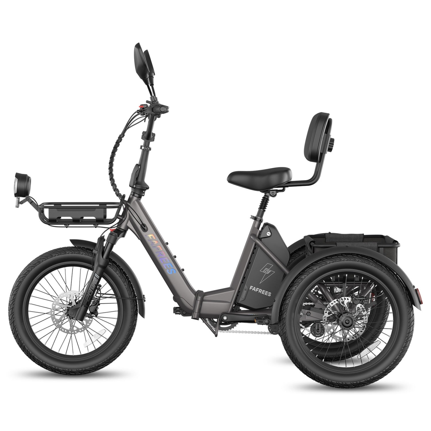 Ein graues dreirädriges E-Bike mit Gepäckträger vorne und Korb hinten.