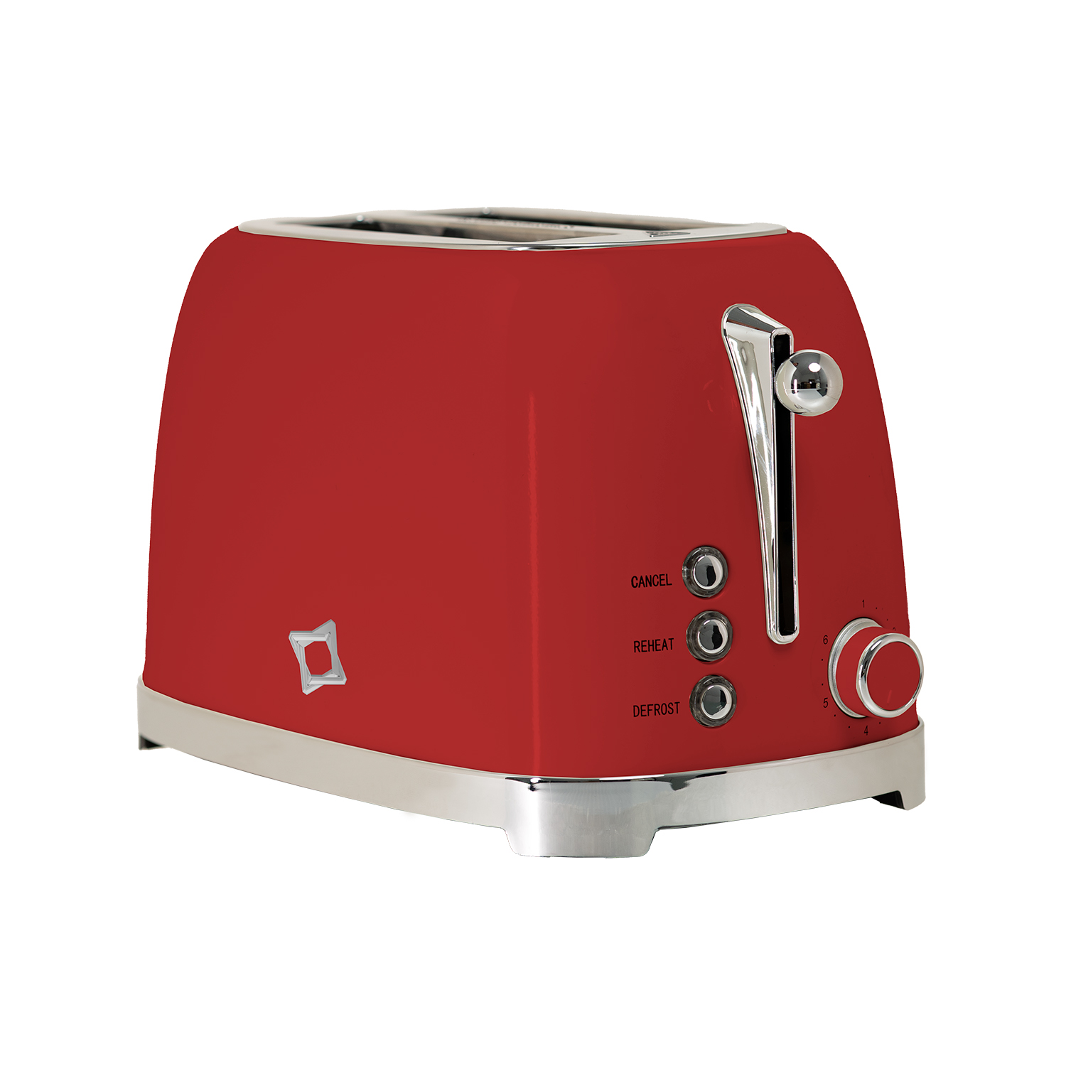 Un tostapane rosso con accenti cromati e pulsanti di controllo.