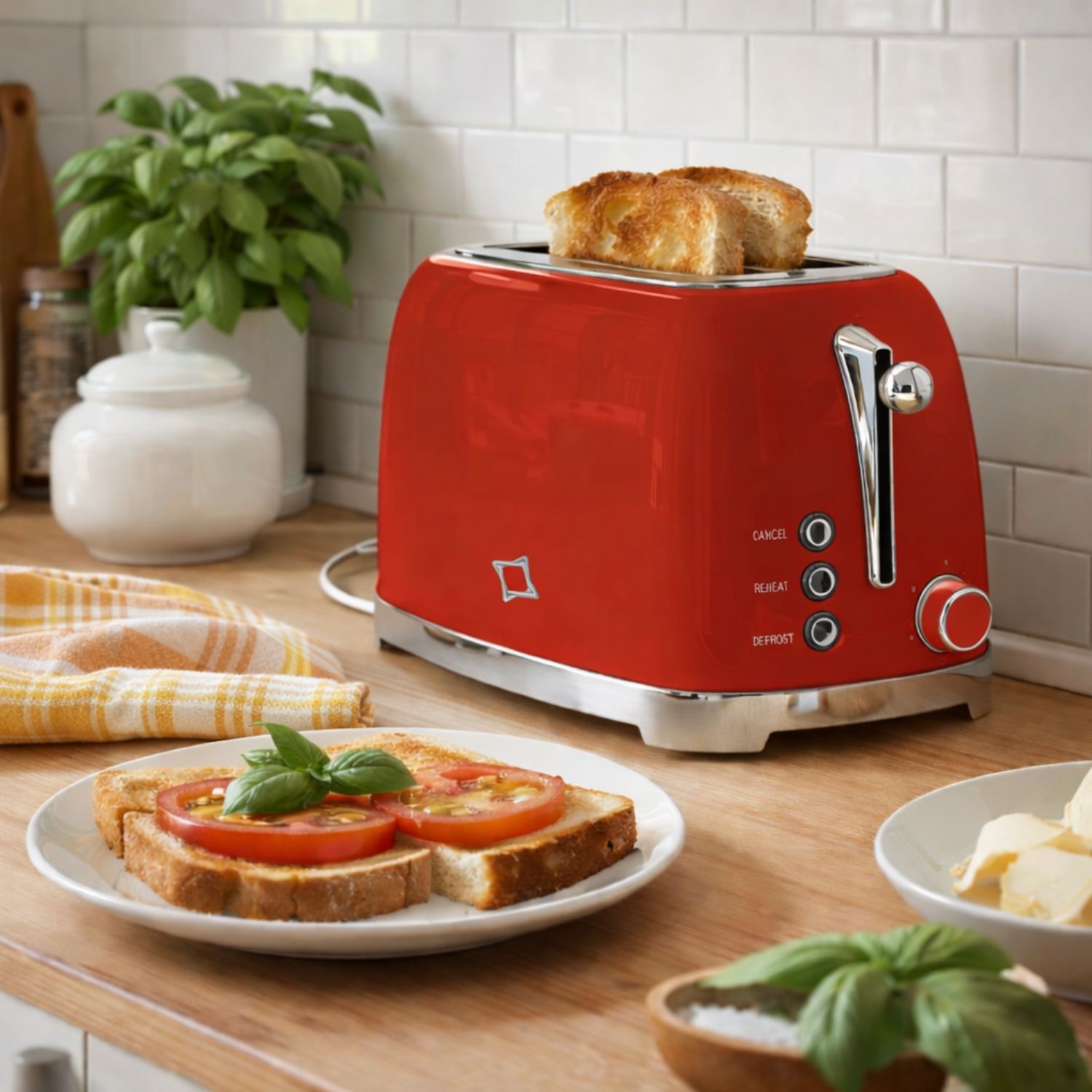 Un tostapane rosso con toast e pane accanto su un bancone di legno.
