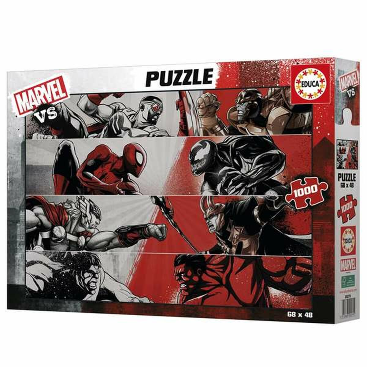 Caja de puzzle Marvel vs. con héroes de cómic como Spider-Man, Venom, Thor, Loki y Hulk.