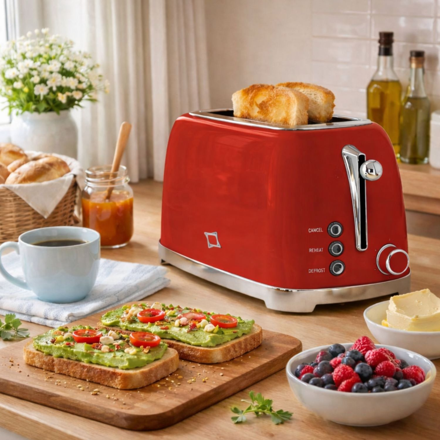 Tostapane rosso con toast, toast avocado, bacche, burro, caffè, pane, marmellata e fiori.